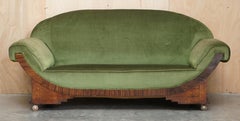 STYLISH ANTIQUE ART DECO CIR 1920 BURR WALNUT GREEN VELOUR SOFA PART OF A SUiTE
