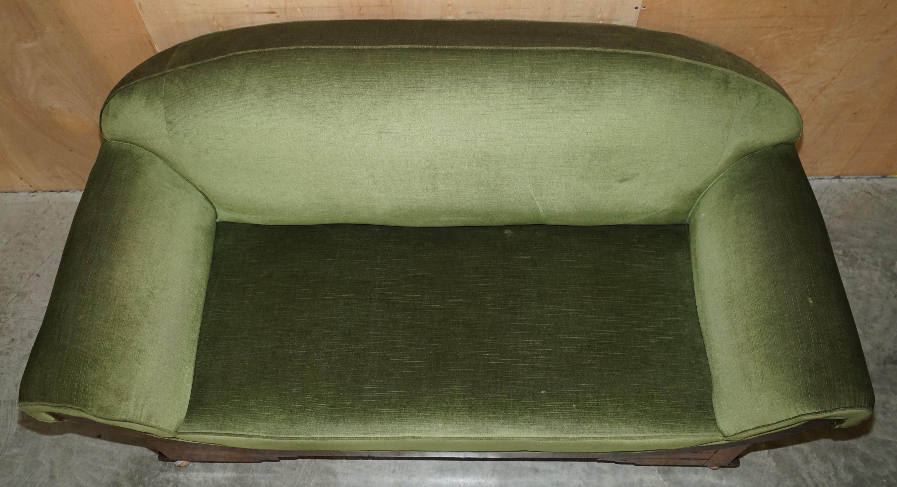 Upholstery STYLISH ANTIQUE ART DECO CIR 1920 BURR WALNUT GREEN VELOUR SOFA PART OF A SUiTE For Sale