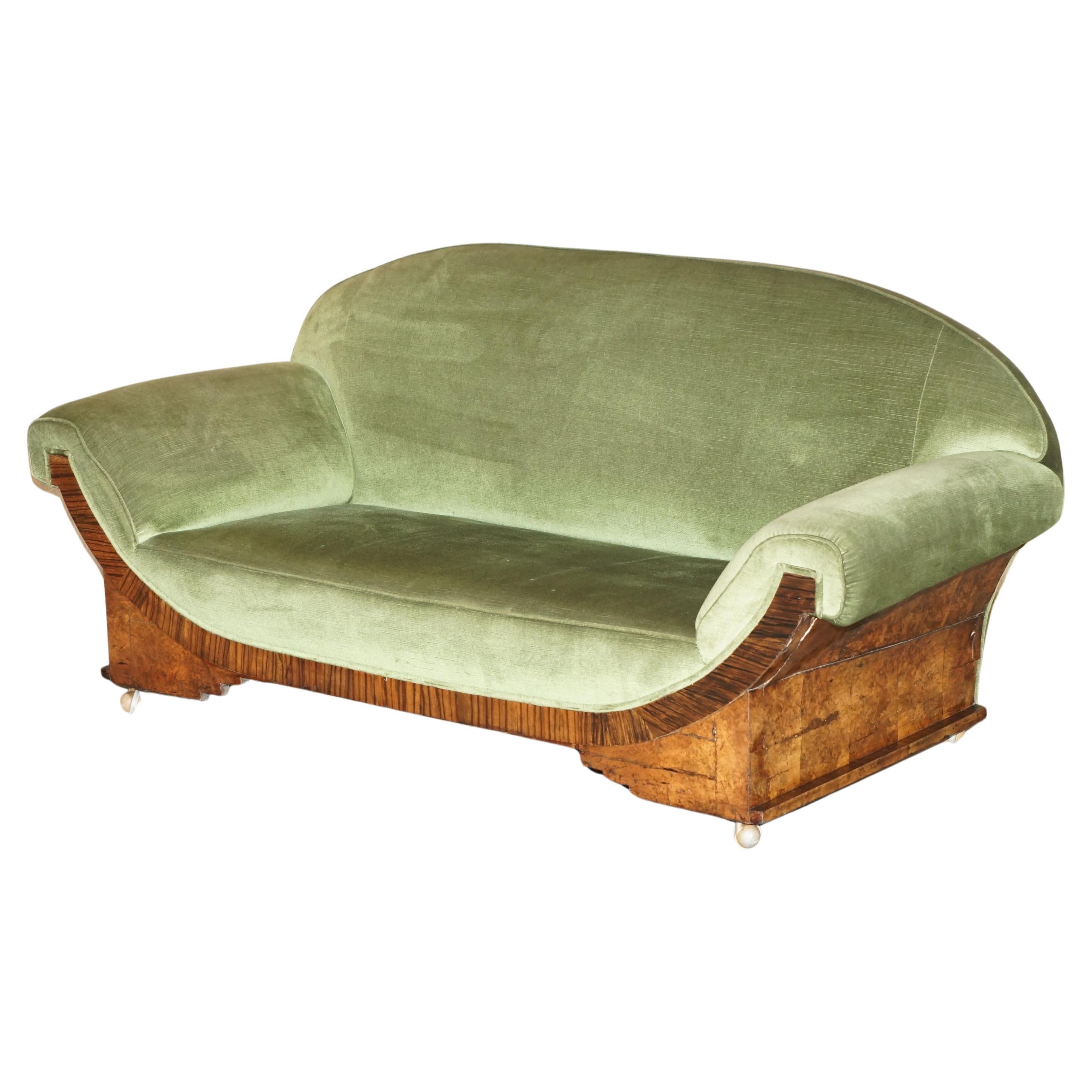 STYLISH ANTIQUE ART DECO CIR 1920 BURR WALNUT GREEN VELOUR SOFA PART OF A SUiTE For Sale