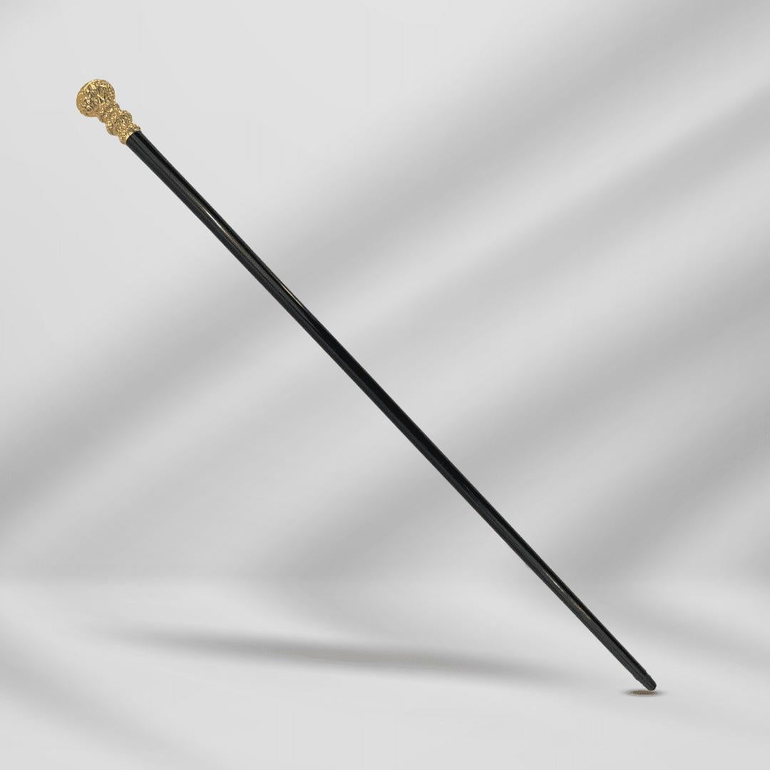 Women's or Men's Stylish Antique Carved Gold Plate Knob Handle Walking Stick Cane Black For Sale