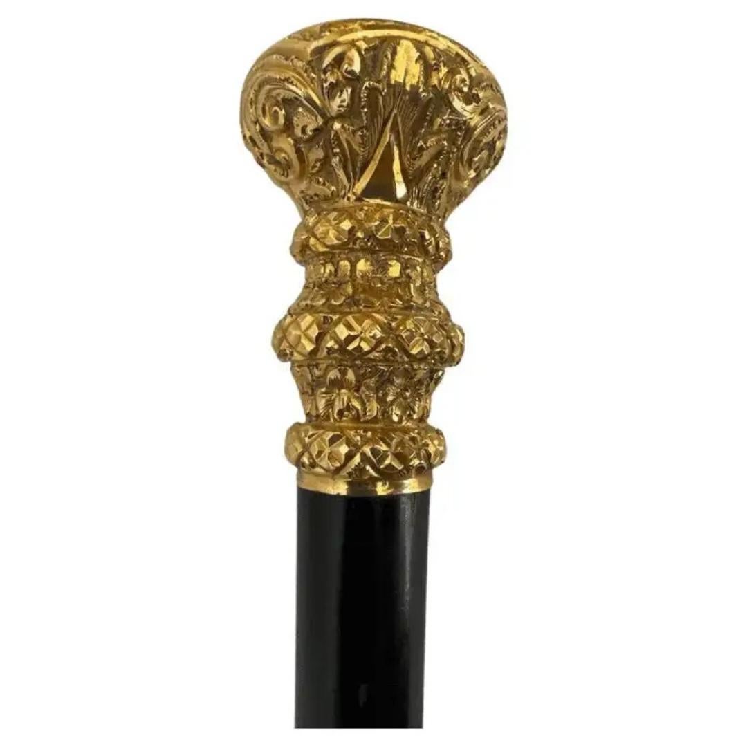 Stylish Antique Carved Gold Plate Knob Handle Walking Stick Cane Black For Sale 3
