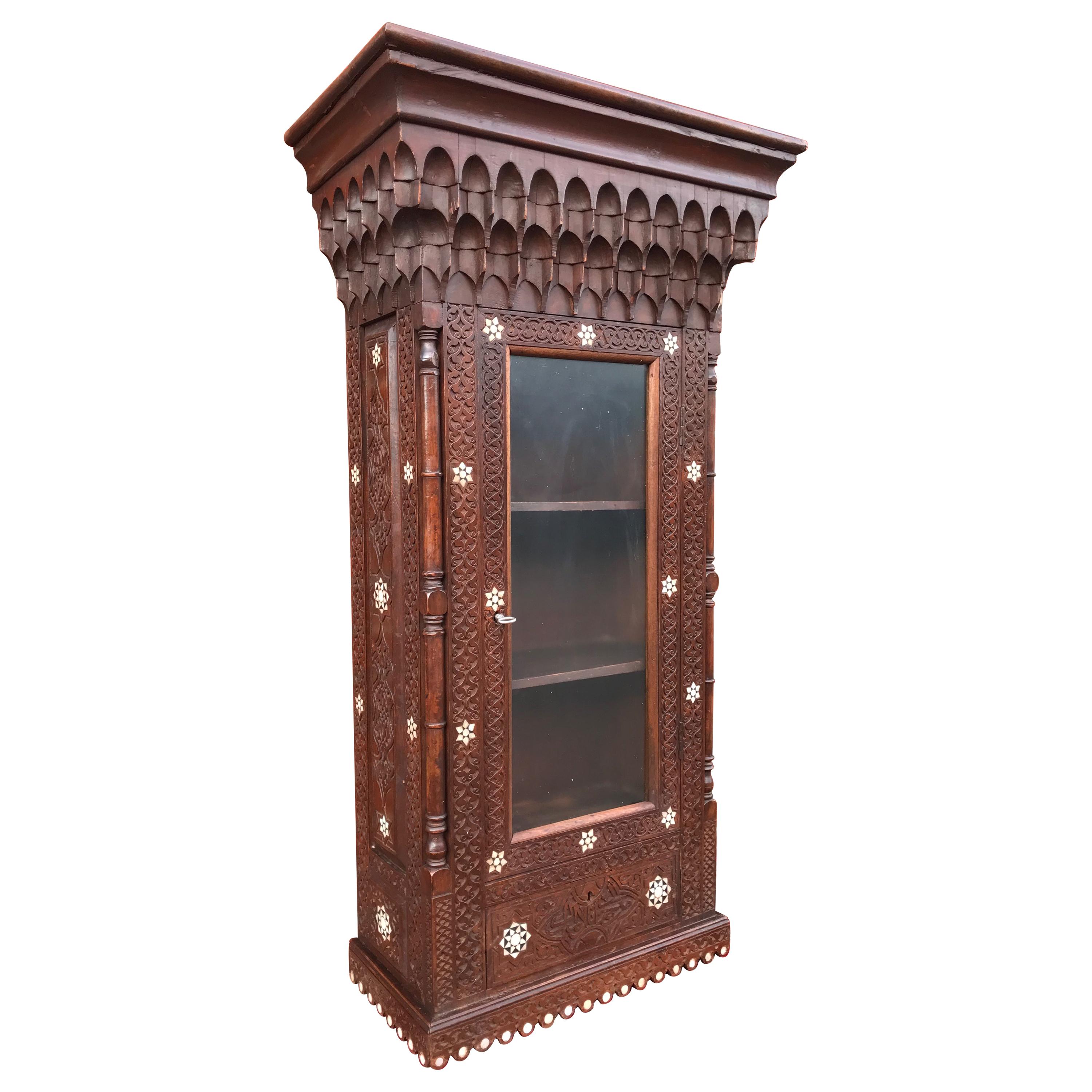 Stylish Antique Eastern Style Wooden Wall Hanging Cabinet with Intricate Details