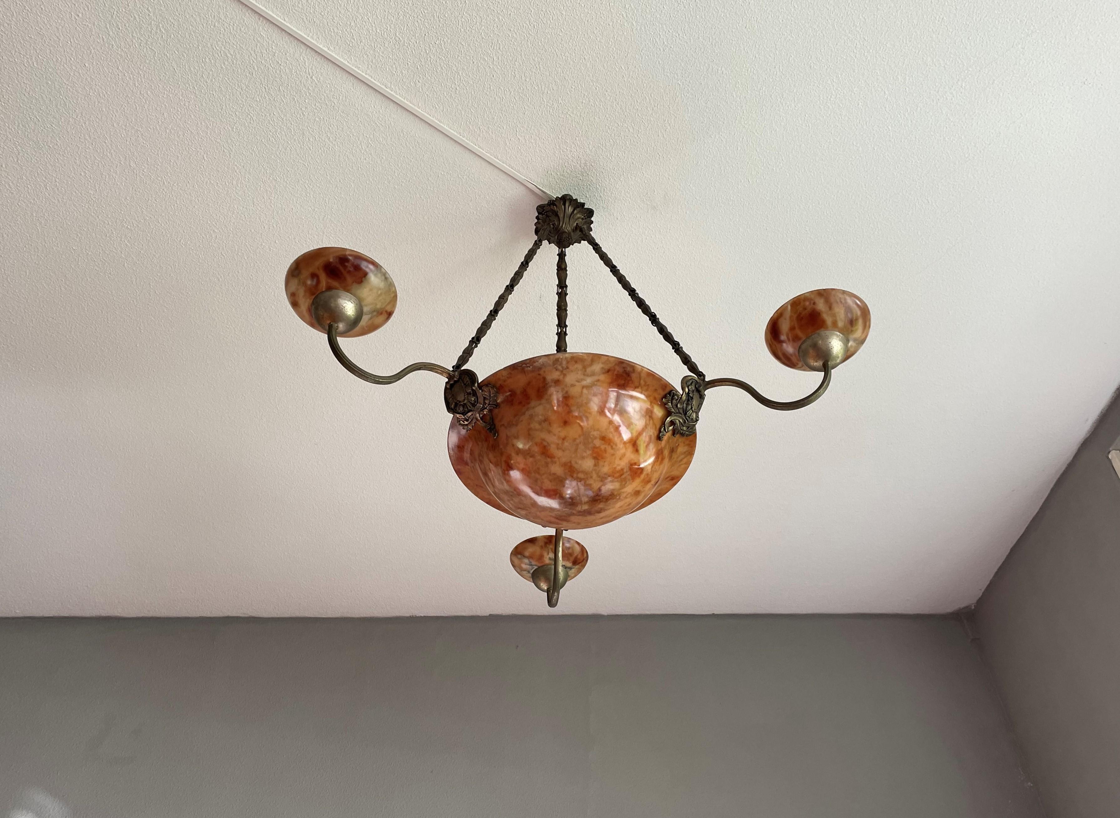 Stylish Antique French Art Deco Alabaster Bronze & Brass Pendant Chandelier 1920 5