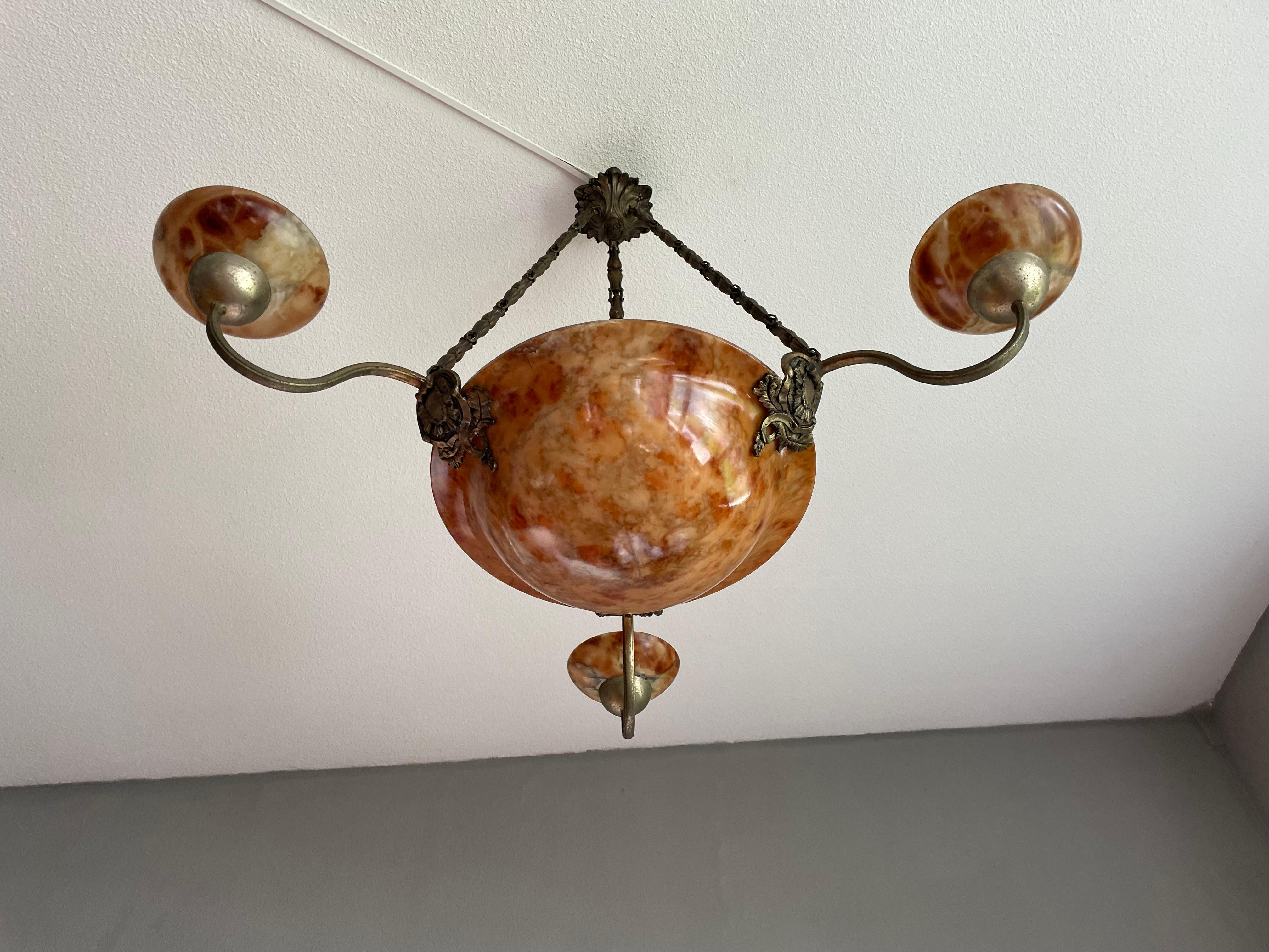 Stylish Antique French Art Deco Alabaster Bronze & Brass Pendant Chandelier 1920 For Sale 10