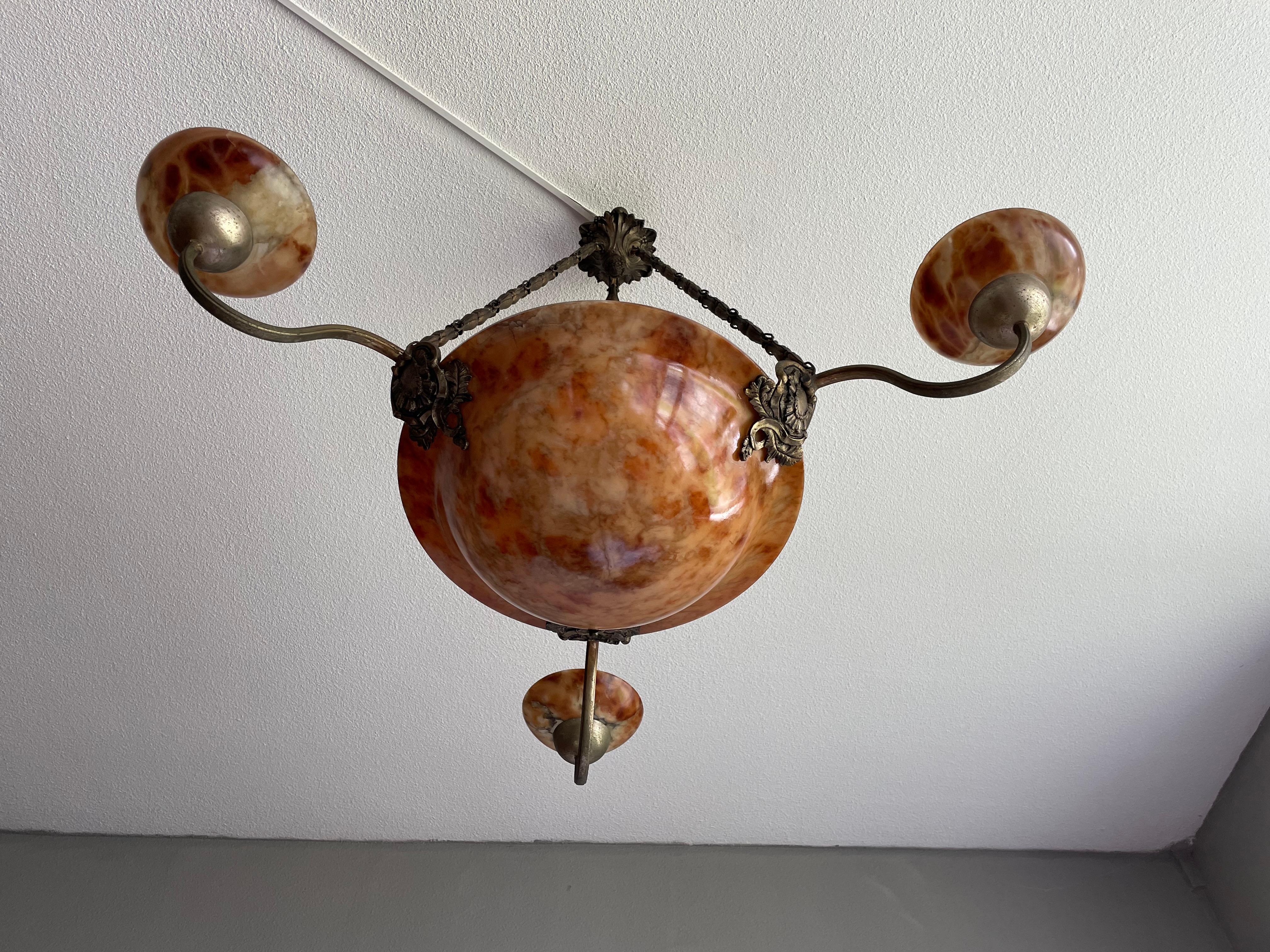 Patinated Stylish Antique French Art Deco Alabaster Bronze & Brass Pendant Chandelier 1920 For Sale