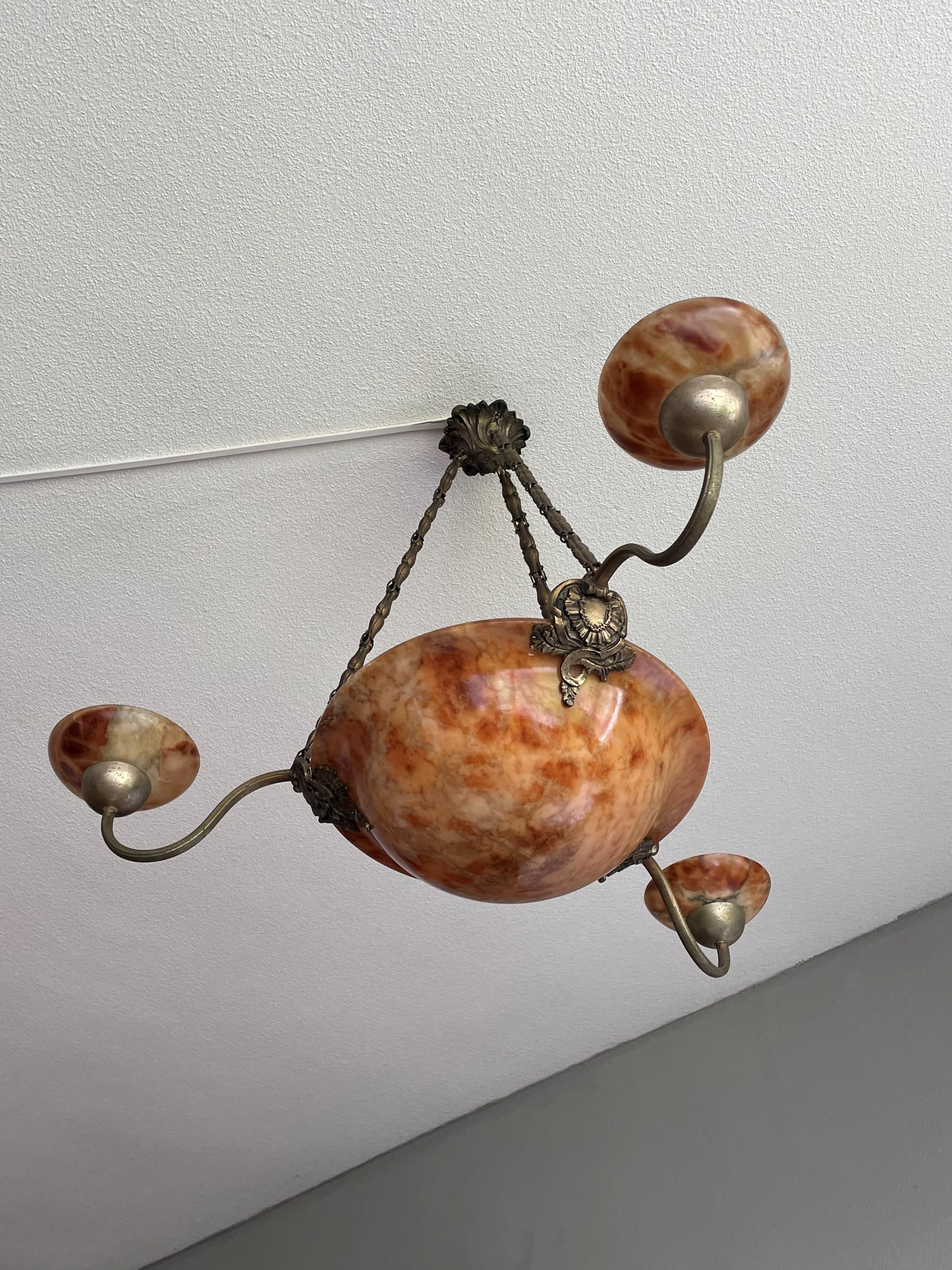 Stylish Antique French Art Deco Alabaster Bronze & Brass Pendant Chandelier 1920 3