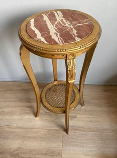 Antique French Louis XVI Style Side / End Table, Gilt wood & Red Marble Top