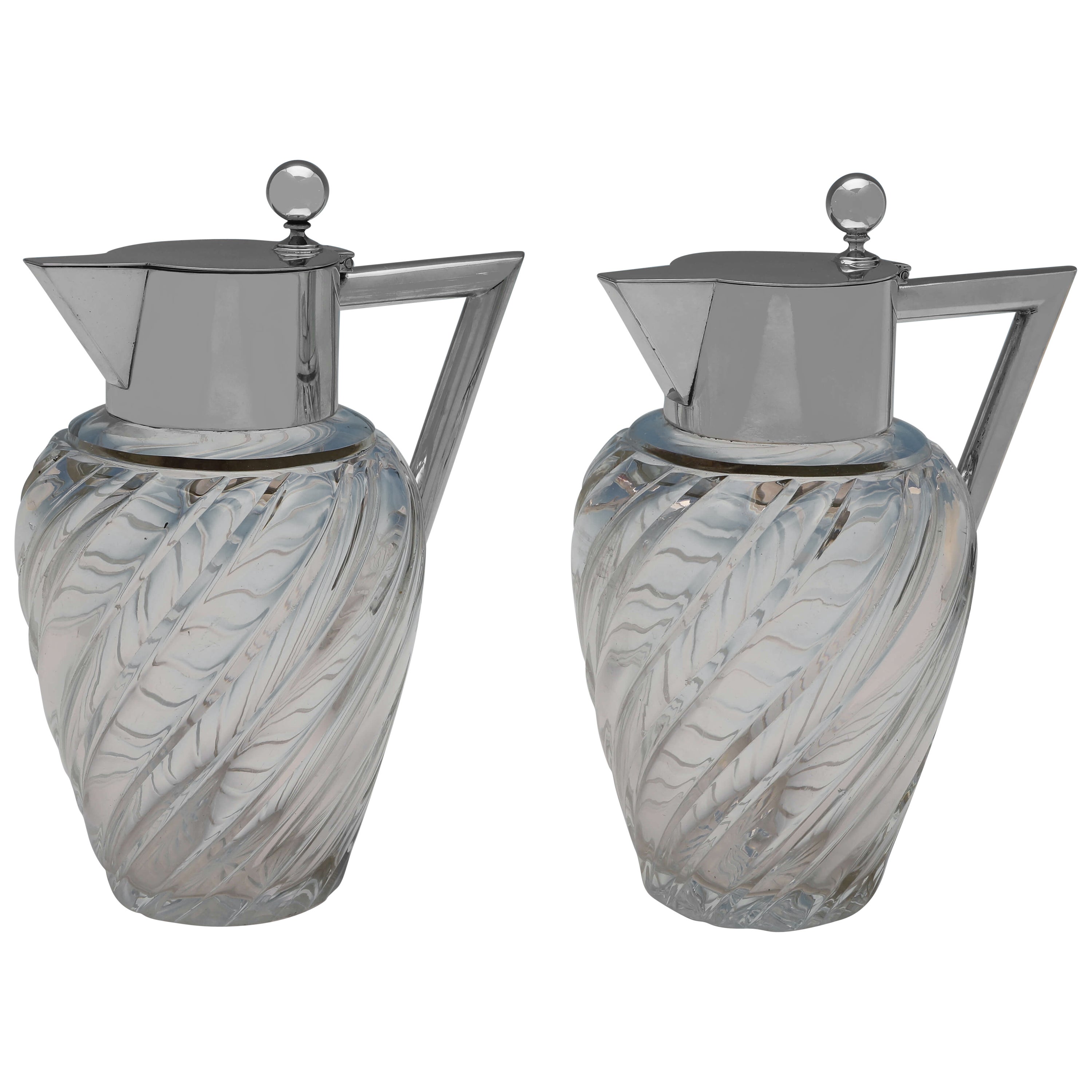 Élégant pichet à vin ancien allemand en argent standard 800, vers 1910, verre tourbillonné en vente