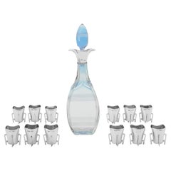 Elegante juego antiguo de decantador y 12 copas de plata de ley - fabricado en 1908