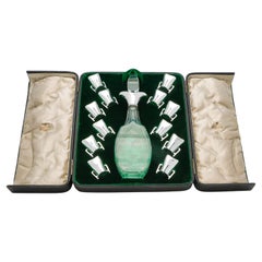 Stylish antique sterling silver decanter and 12 shot cup set - made in 1908