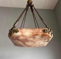 Stylish Art Deco Alabaster & Bronze Pendant / Chandelier with Unique Brass Chain