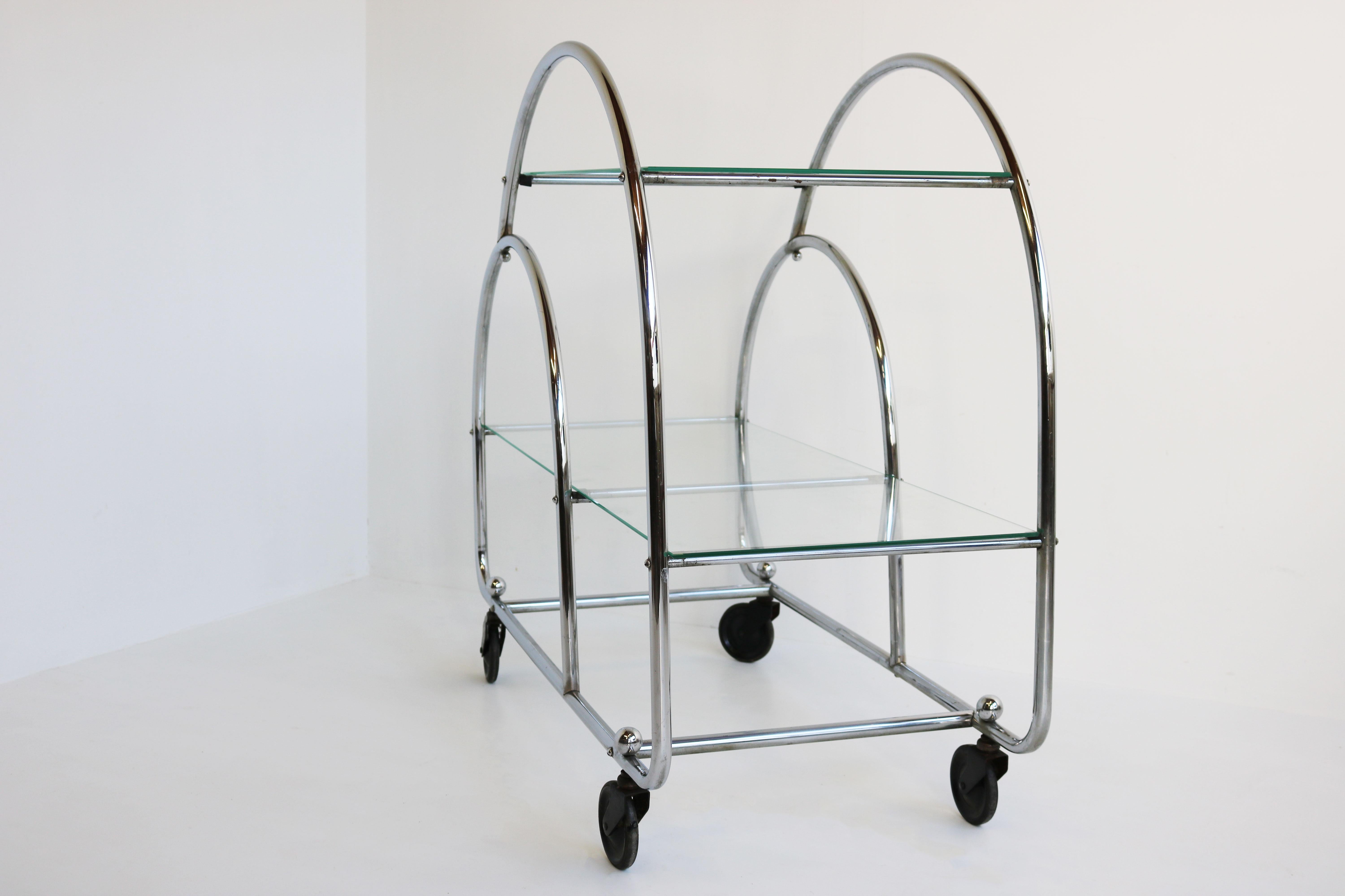 Stylish Art Deco Bauhaus Bar Cart / Serving Trolley in Chrome & Glass 1930 1