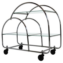 Stylish Art Deco Bauhaus Bar Cart / Serving Trolley in Chrome & Glass 1930