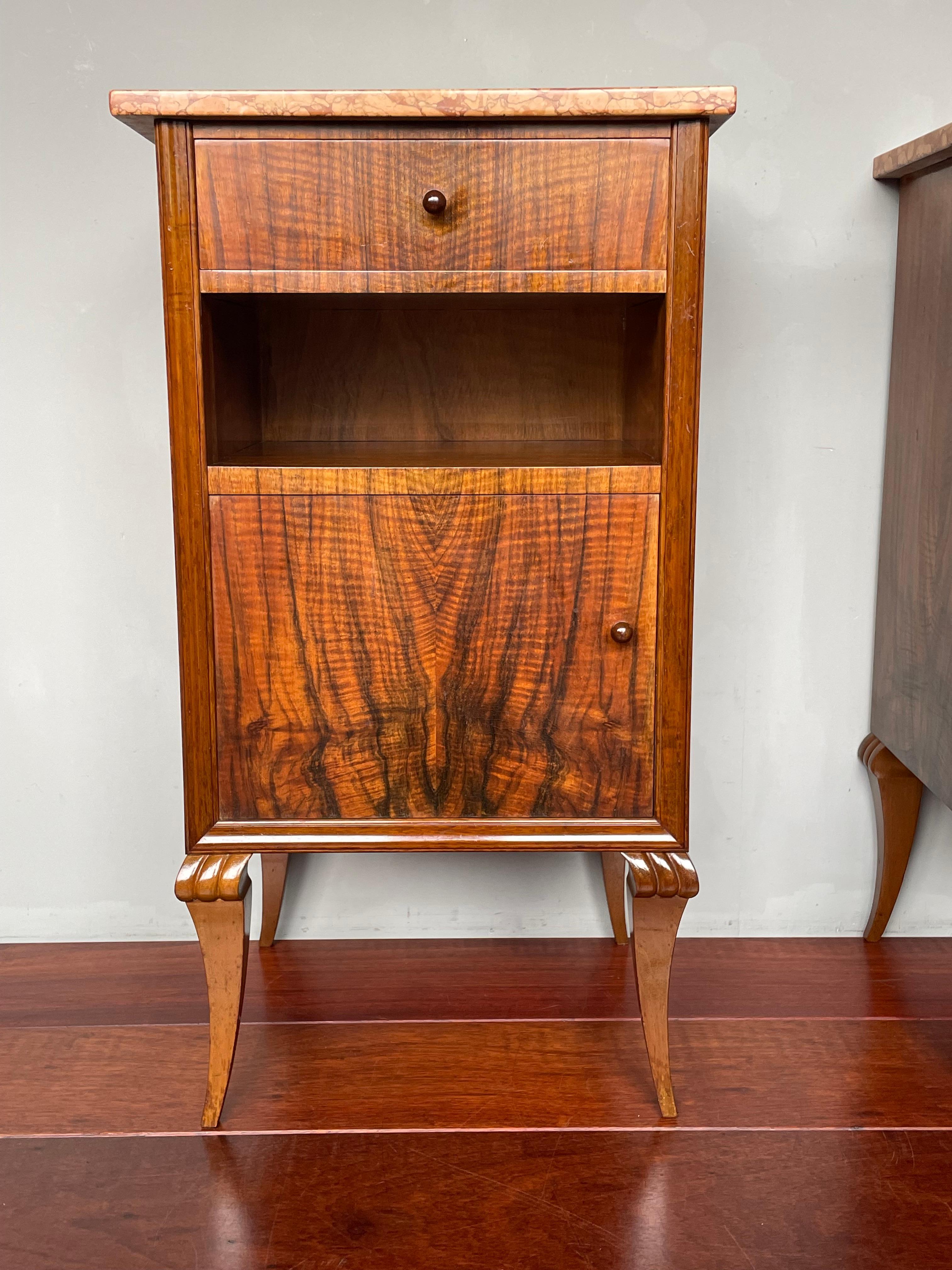 Stylish Art Deco Burl Walnut Nightstands / Bedside Tables w. Perfect Marble Tops 3