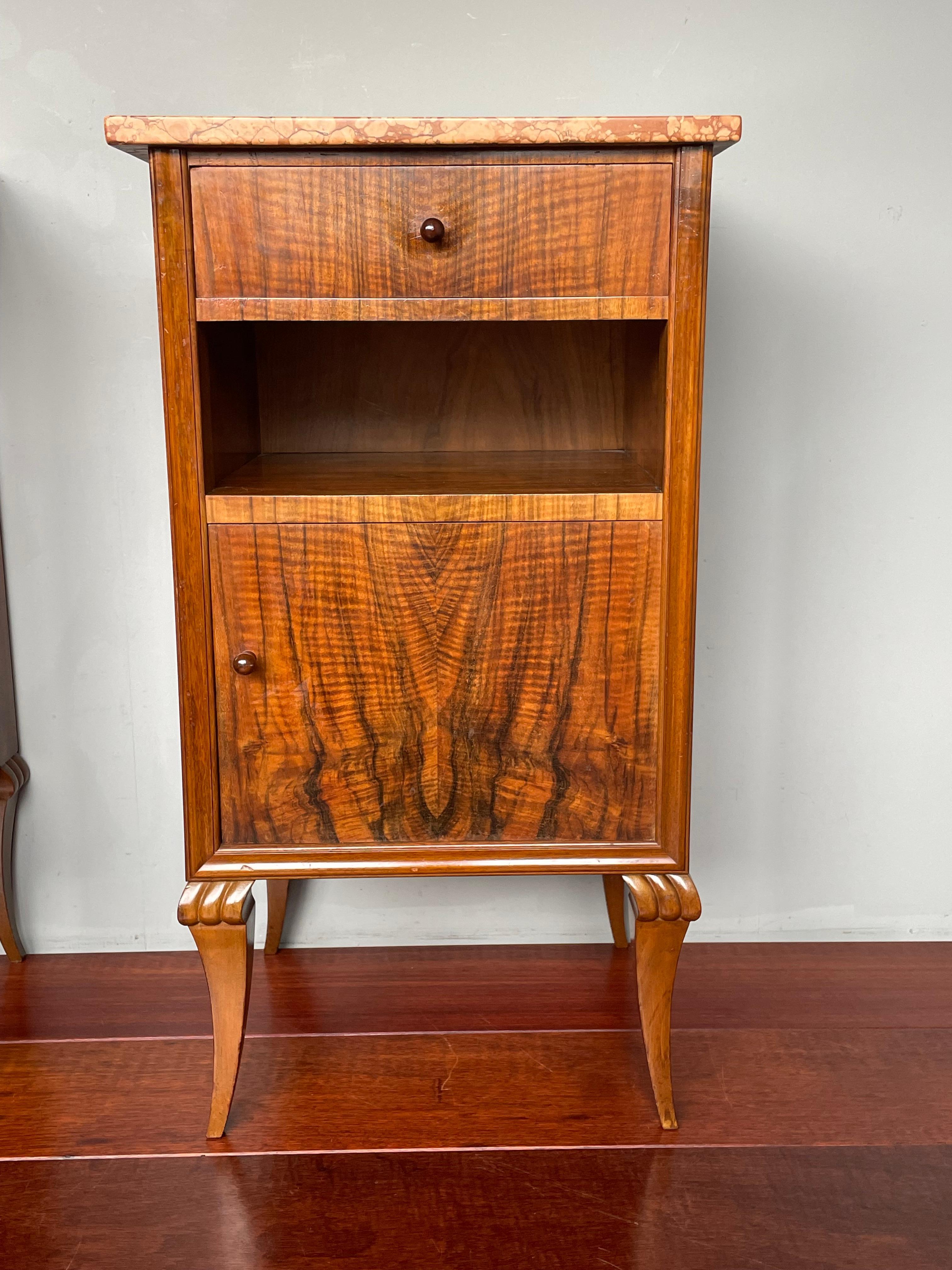 Stylish Art Deco Burl Walnut Nightstands / Bedside Tables w. Perfect Marble Tops 4
