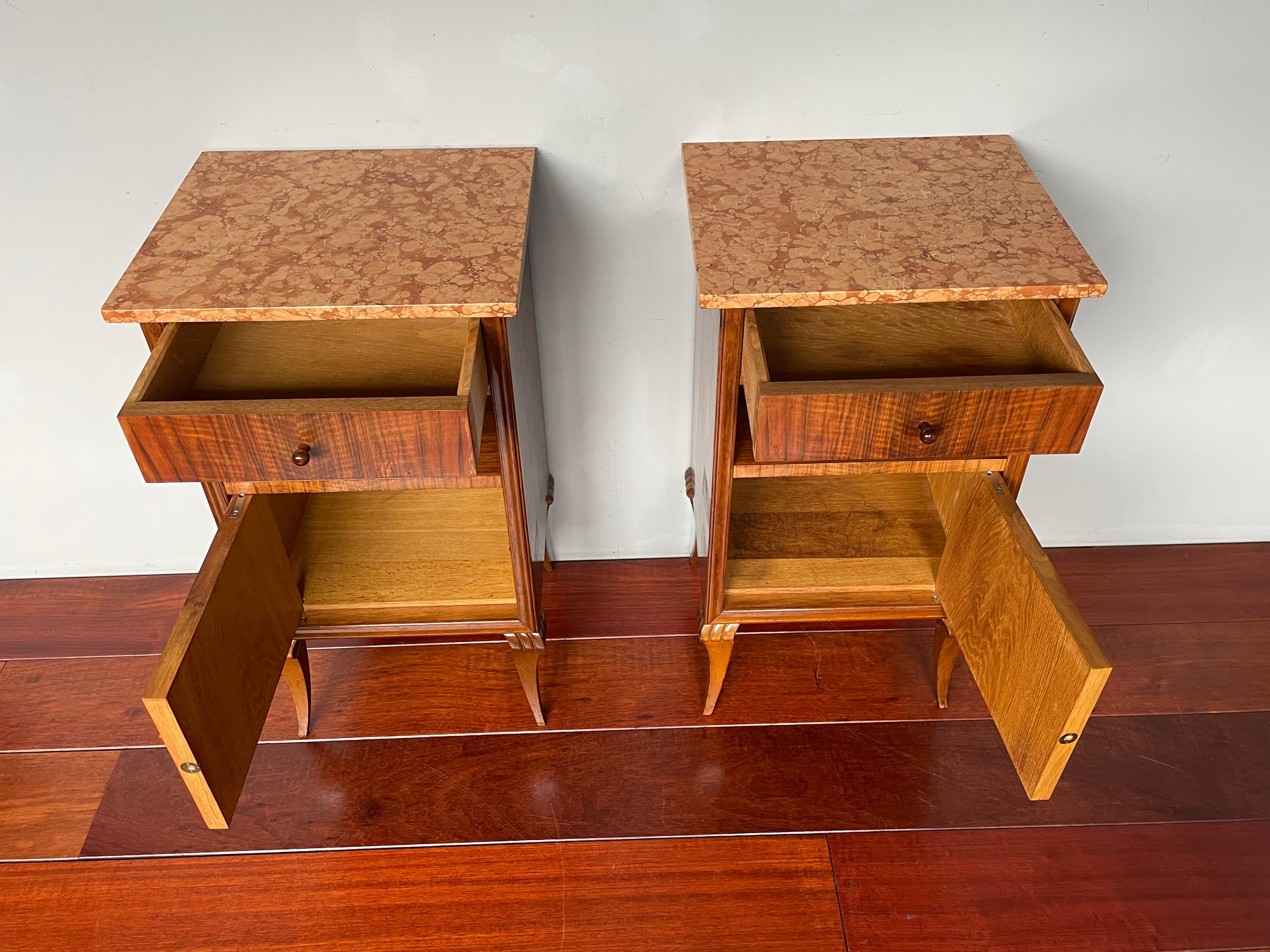Stylish Art Deco Burl Walnut Nightstands / Bedside Tables w. Perfect Marble Tops 6