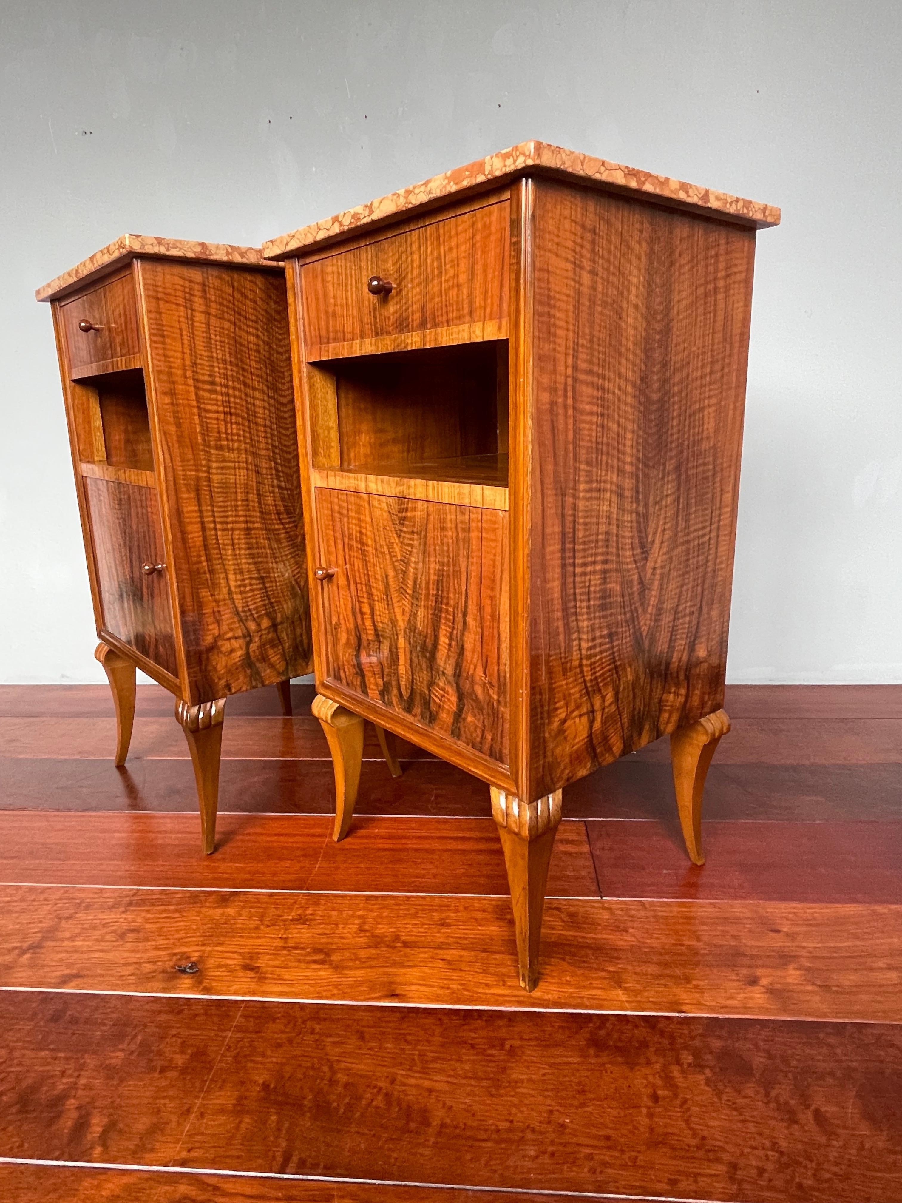Stylish Art Deco Burl Walnut Nightstands / Bedside Tables w. Perfect Marble Tops 9