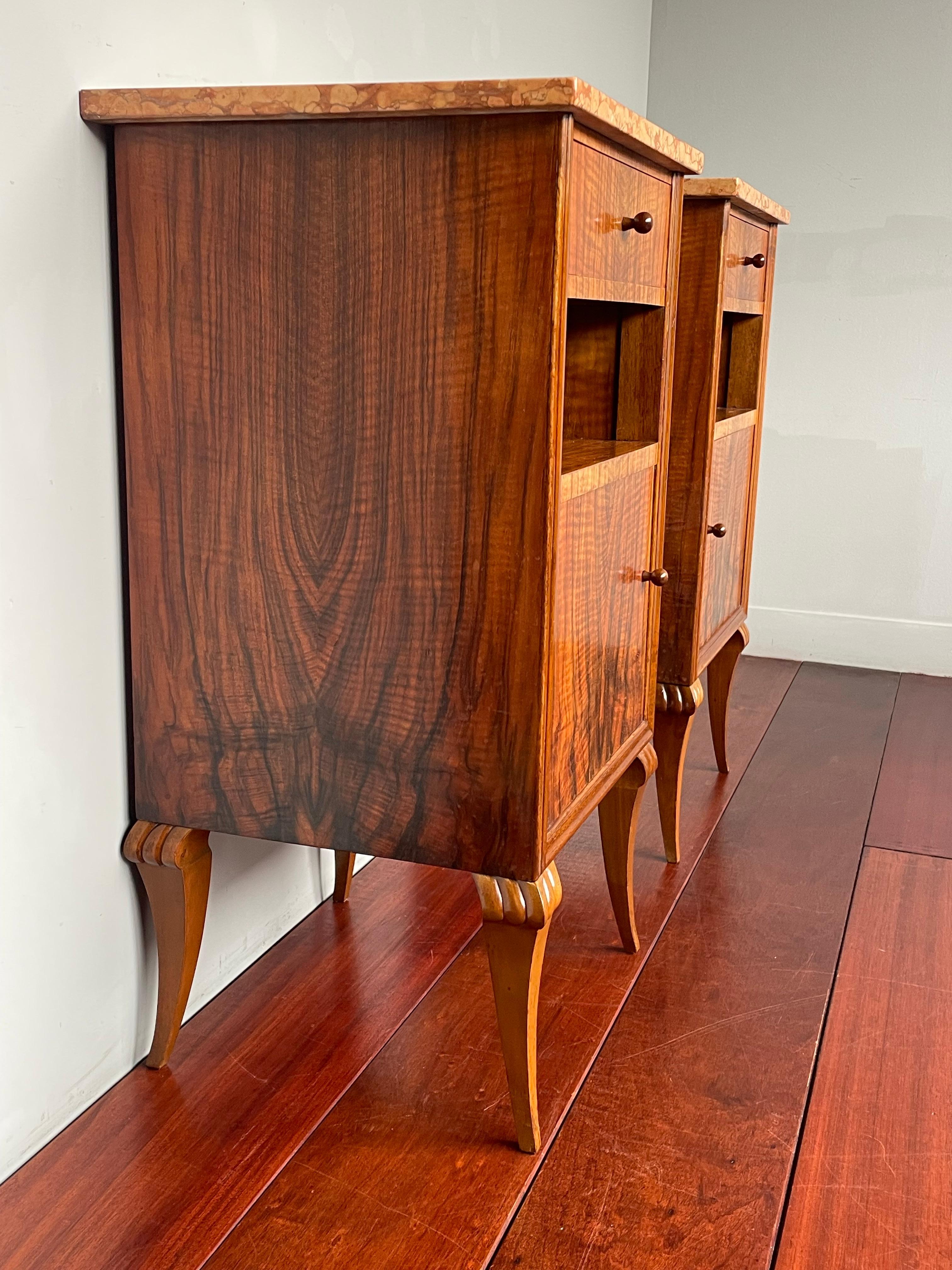 Stylish Art Deco Burl Walnut Nightstands / Bedside Tables w. Perfect Marble Tops 11