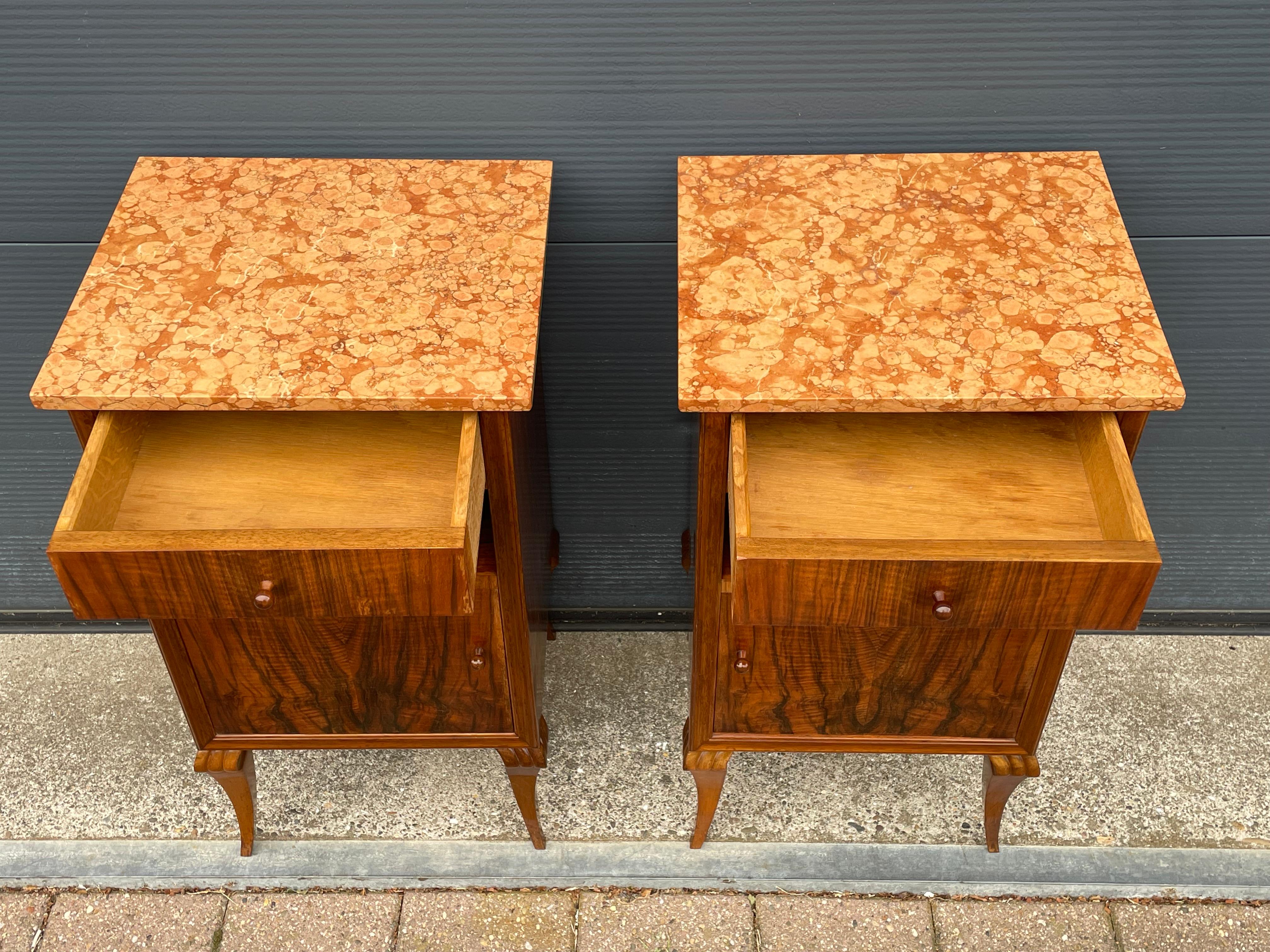 European Stylish Art Deco Burl Walnut Nightstands / Bedside Tables w. Perfect Marble Tops