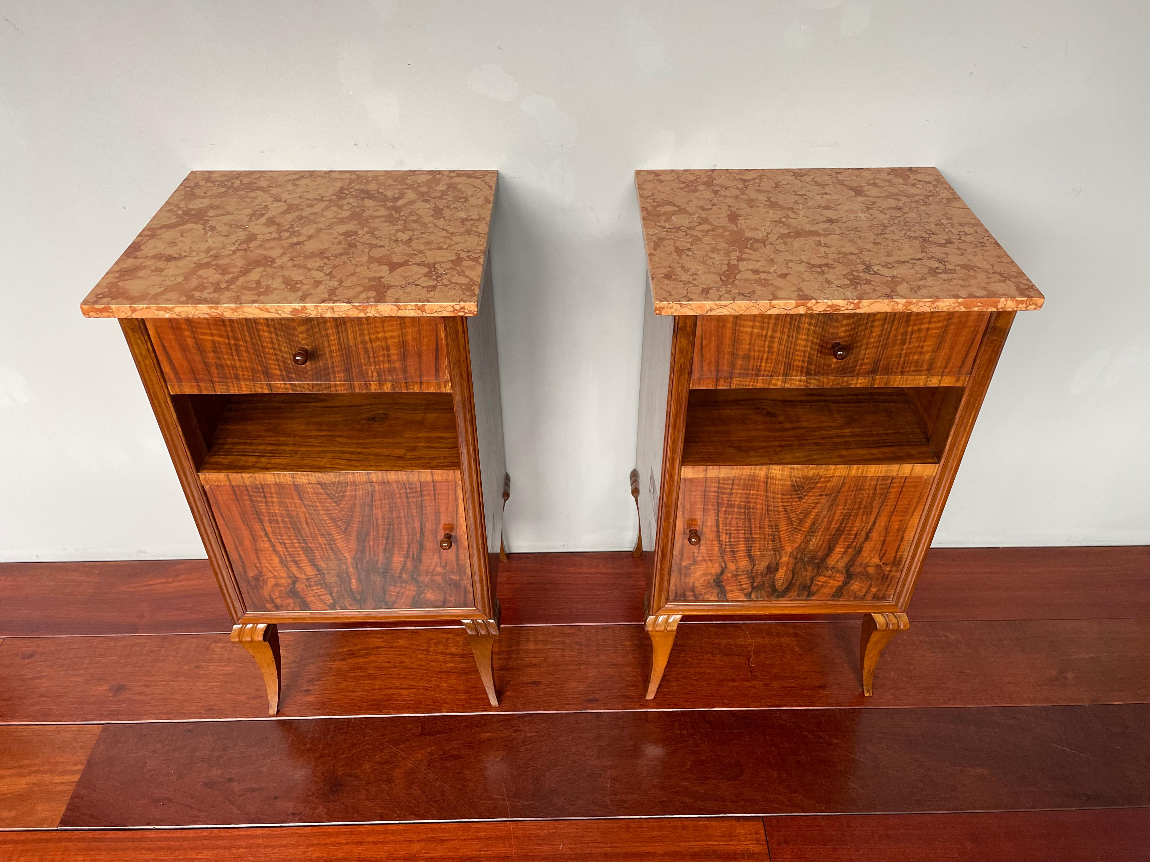 Metal Stylish Art Deco Burl Walnut Nightstands / Bedside Tables w. Perfect Marble Tops