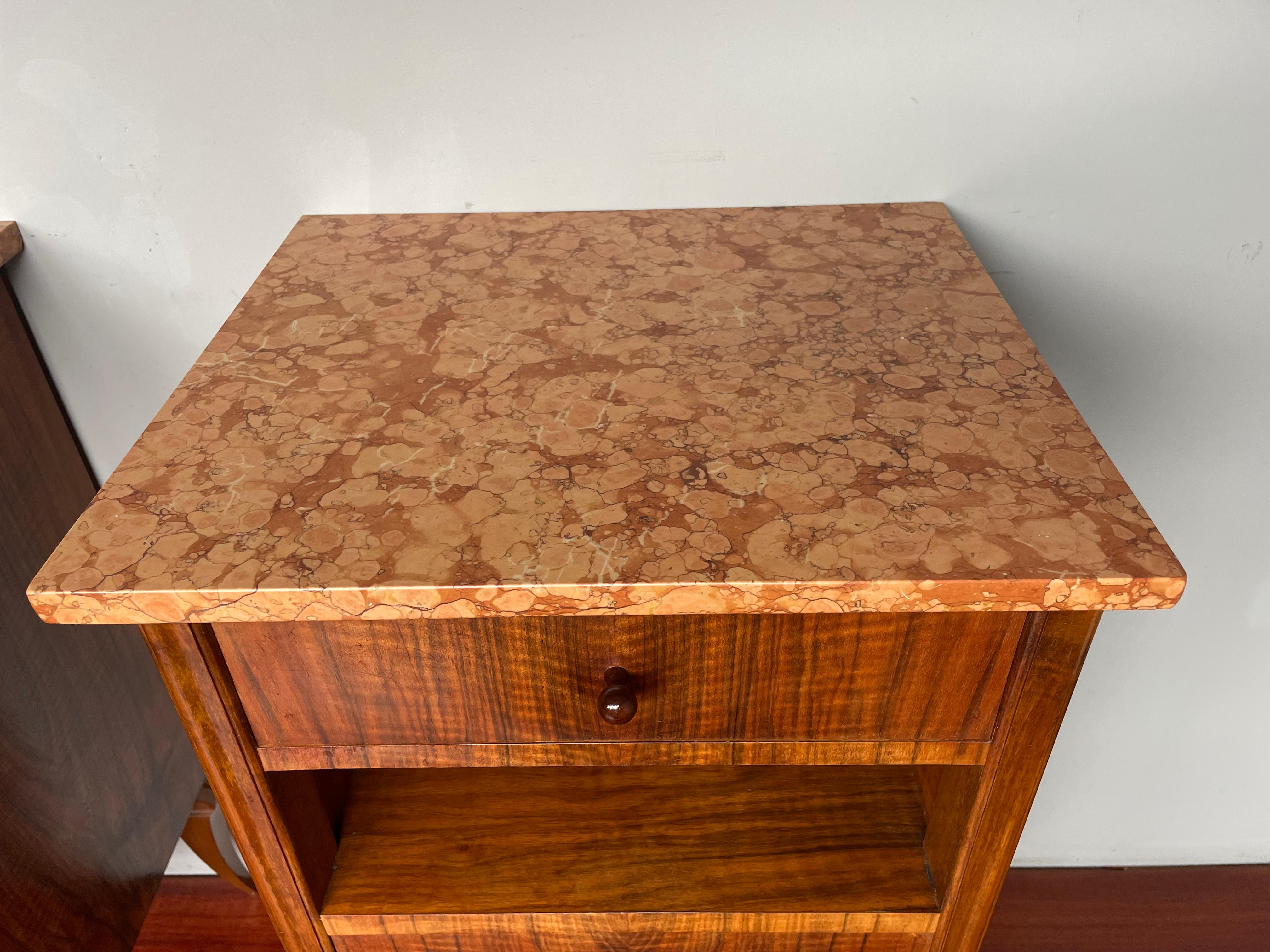 Stylish Art Deco Burl Walnut Nightstands / Bedside Tables w. Perfect Marble Tops 2