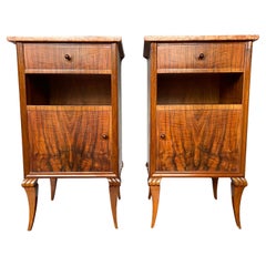 Stylish Art Deco Burl Walnut Nightstands / Bedside Tables w. Perfect Marble Tops