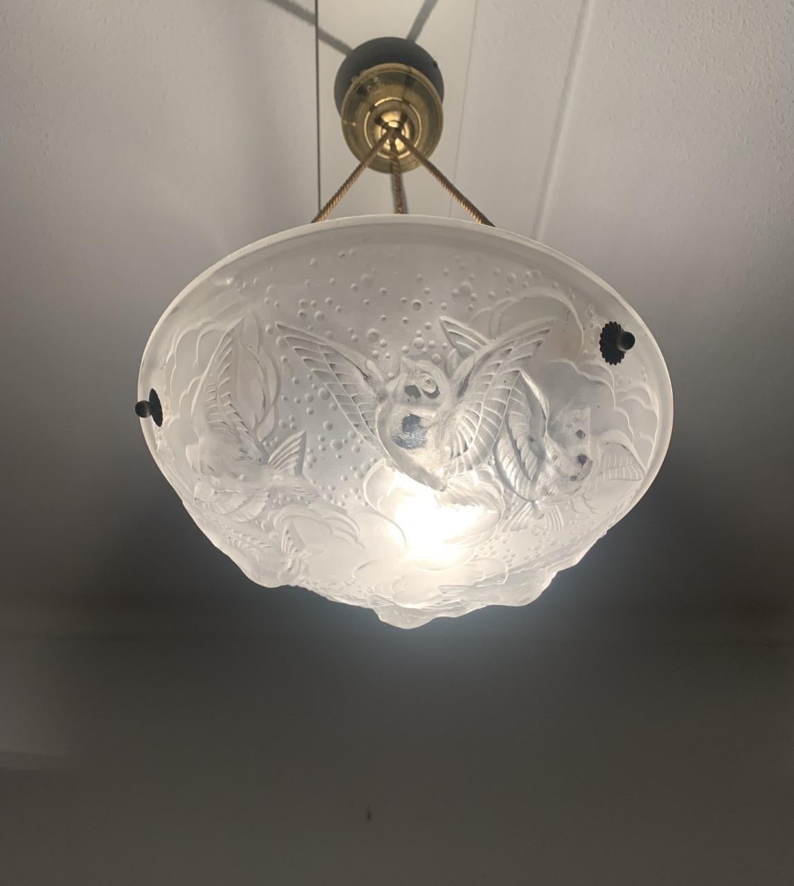 French Stylish Art Deco Chandelier, Frosted Glass with Flying House Sparrows by Muller For Sale