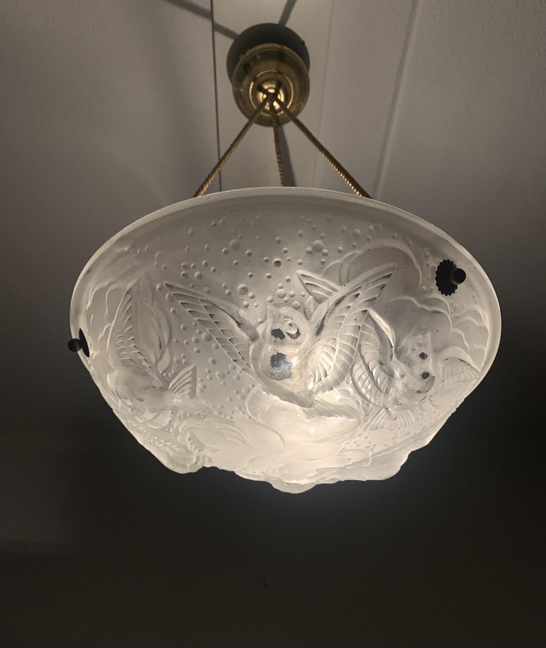 French Stylish Art Deco Chandelier, Frosted Glass with Flying House Sparrows by Muller For Sale