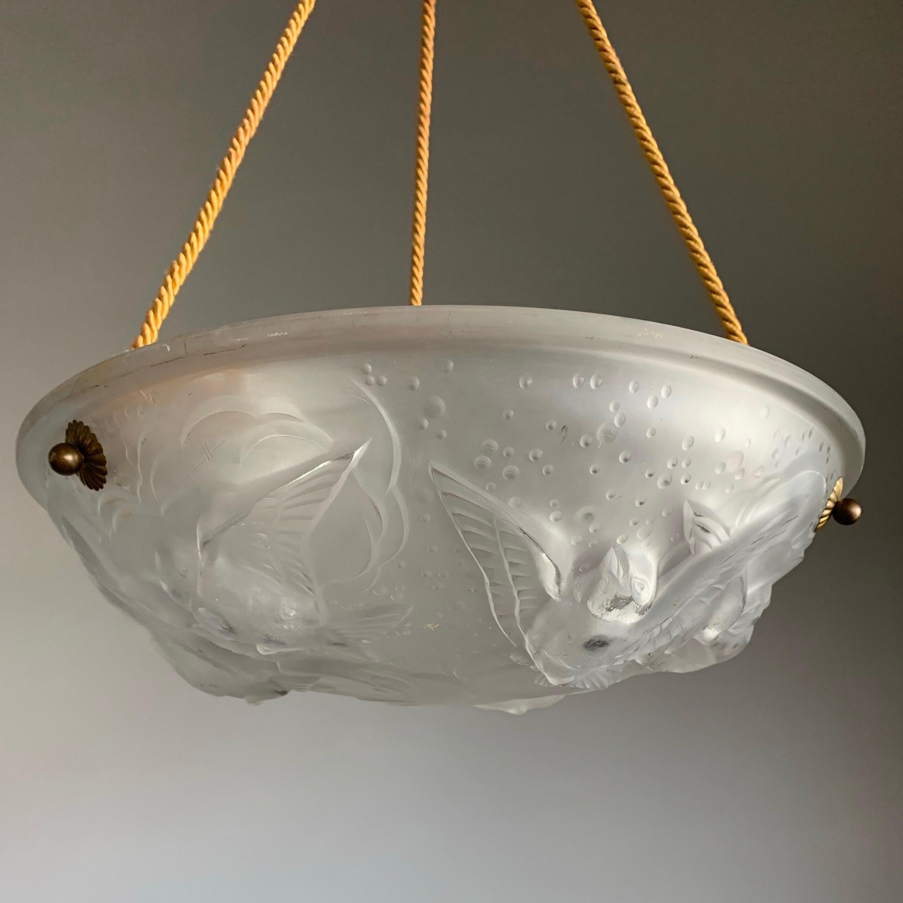 20th Century Stylish Art Deco Chandelier, Frosted Glass with Flying House Sparrows by Muller For Sale