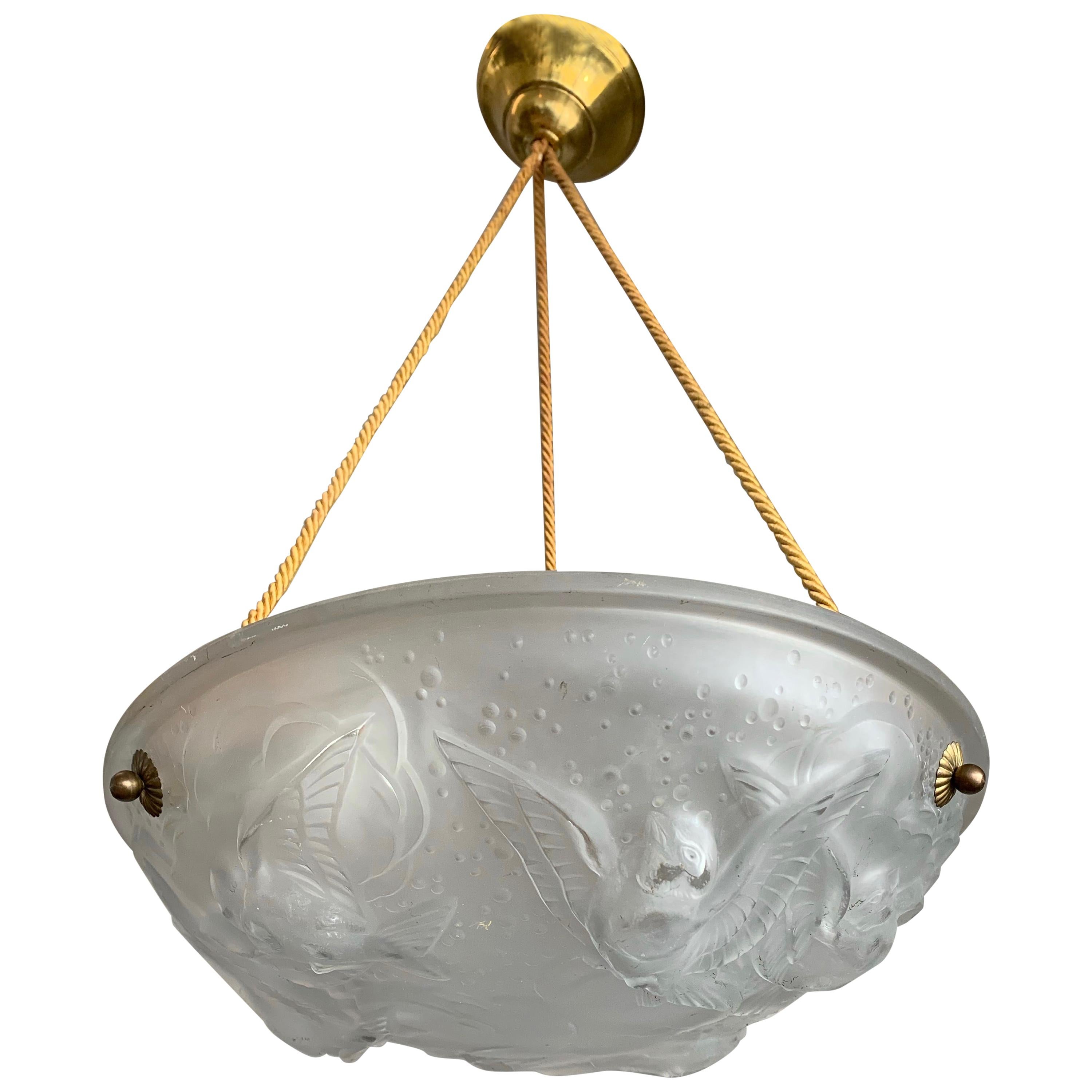 Stylish Art Deco Chandelier, Frosted Glass with Flying House Sparrows by Muller