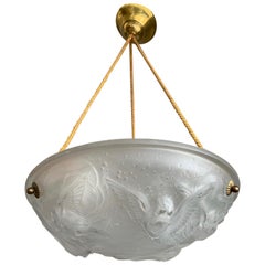 Antique Stylish Art Deco Chandelier, Frosted Glass with Flying House Sparrows by Muller