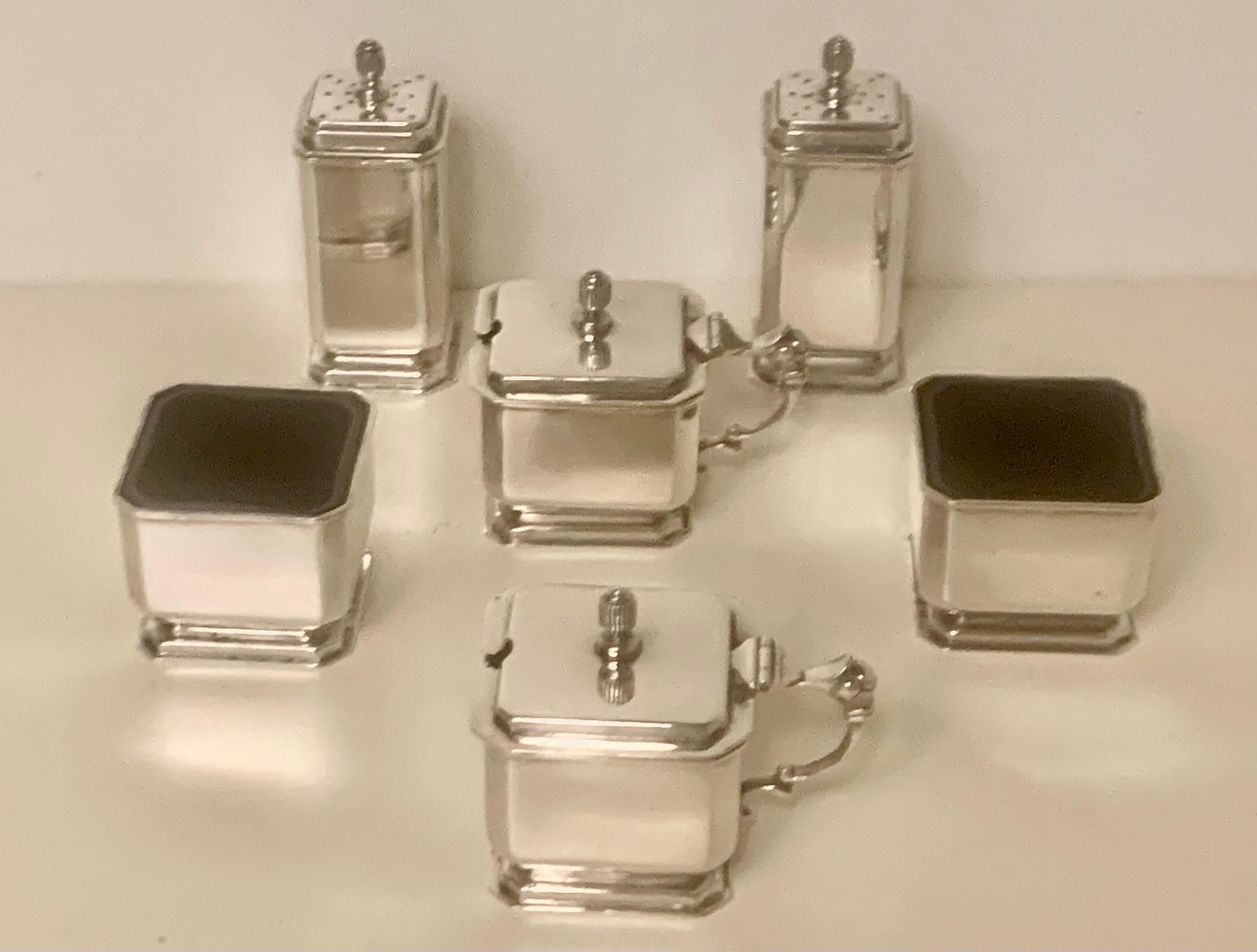 Stylish Art Deco Condiment Set Mappin & Webb of Birmingham 1938, Antique In Good Condition For Sale In London, GB