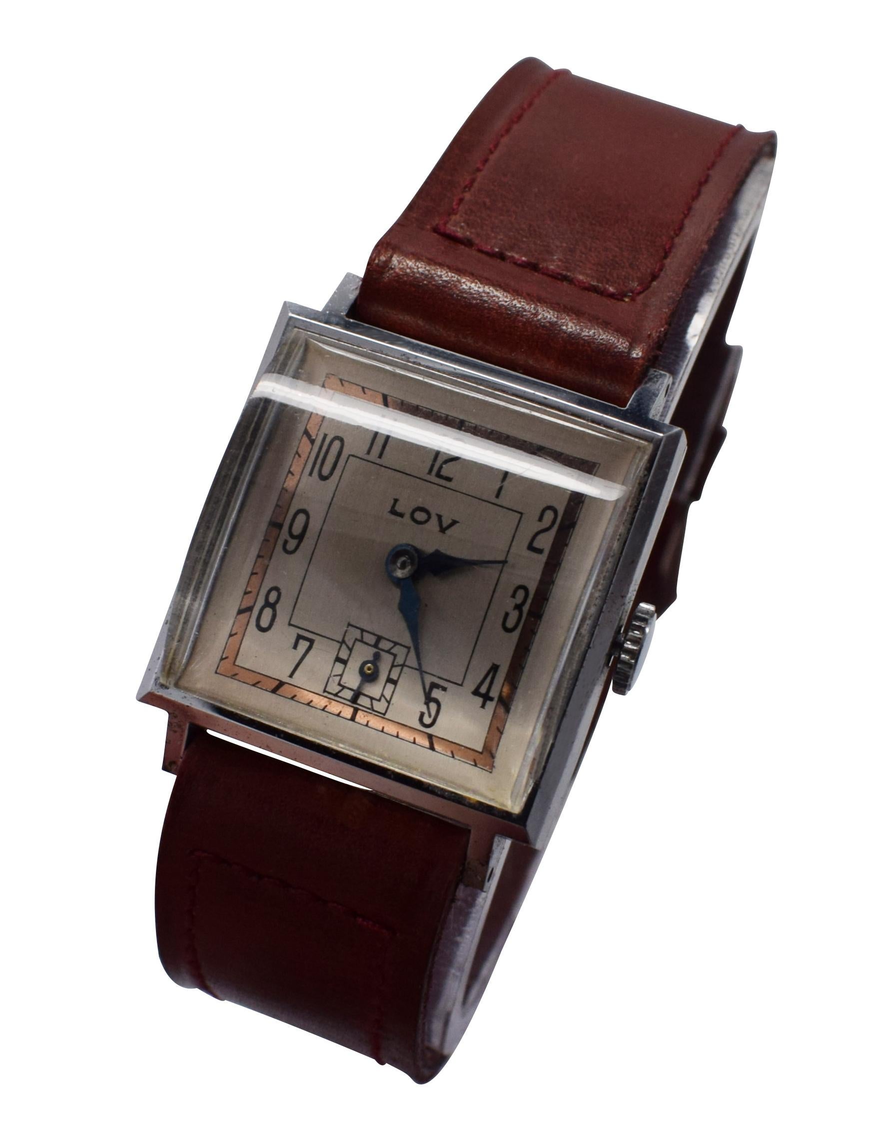 Stylish Art Deco Gents Wrist Watch by Lov or Never Worn, circa 1930 In Excellent Condition In Westward ho, GB