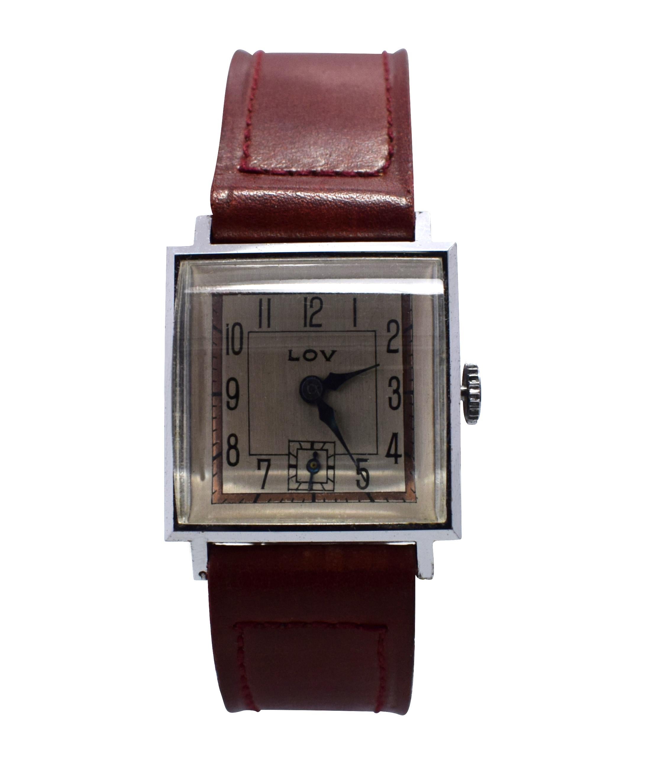 Stylish Art Deco Gents Wrist Watch by Lov or Never Worn, circa 1930 2