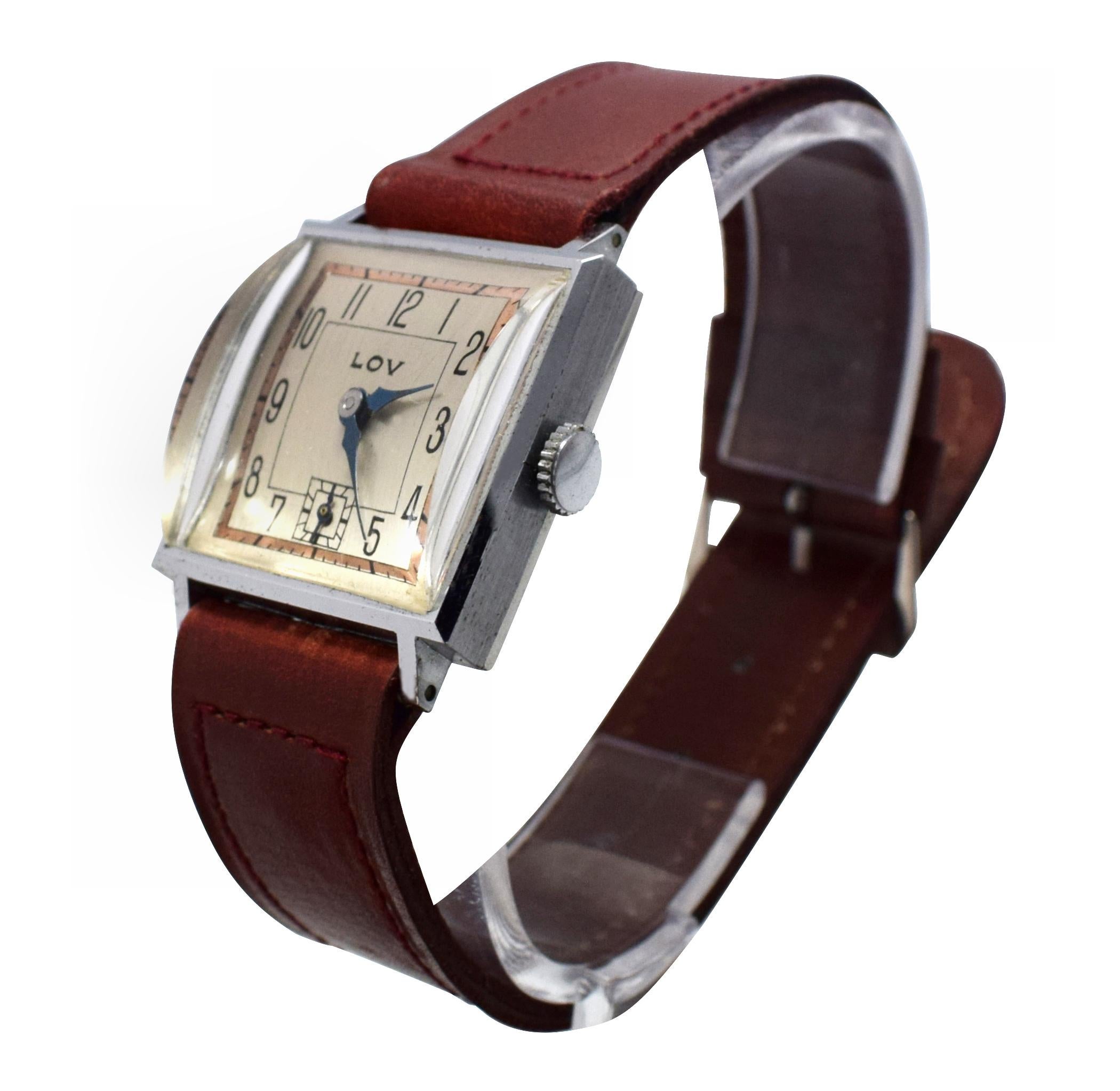 Stylish Art Deco Gents Wrist Watch by Lov or Never Worn, circa 1930 3