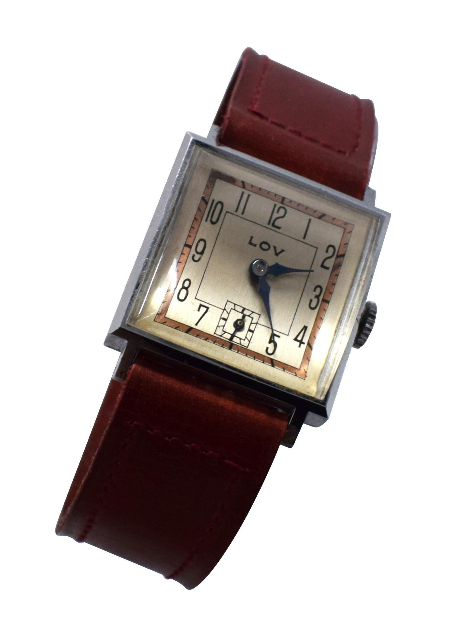Stylish Art Deco Gents Wrist Watch by Lov or Never Worn, circa 1930 4