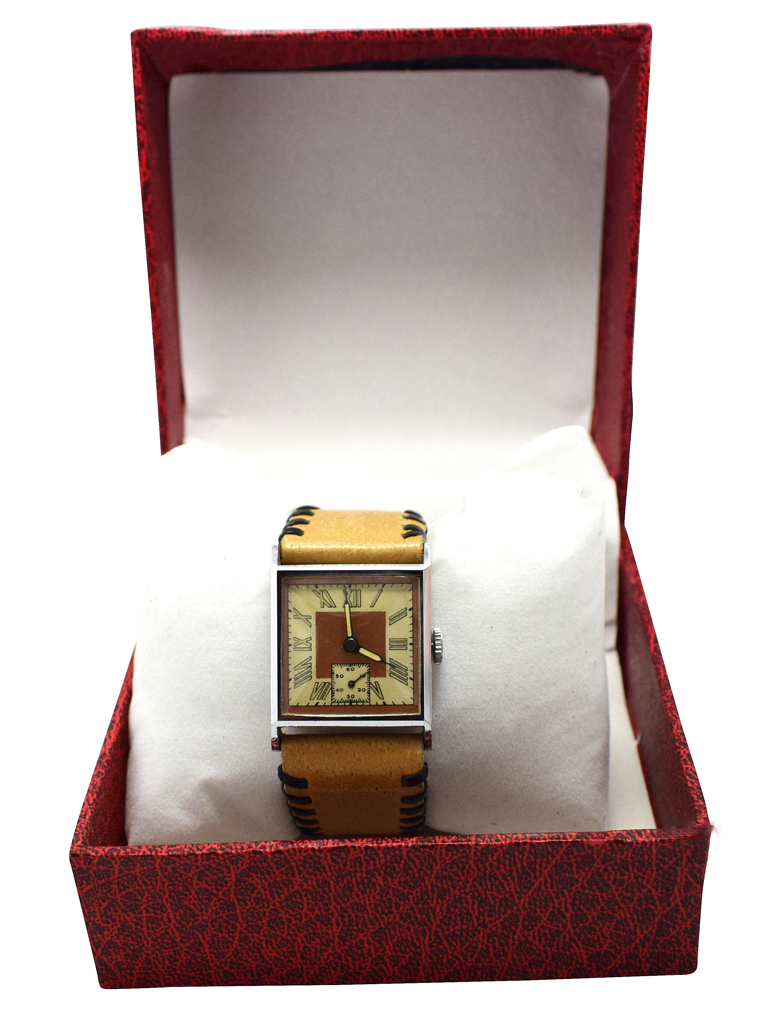 Men's Stylish Art Deco Gents Wrist Watch Old Stock Never Worn, circa 1930