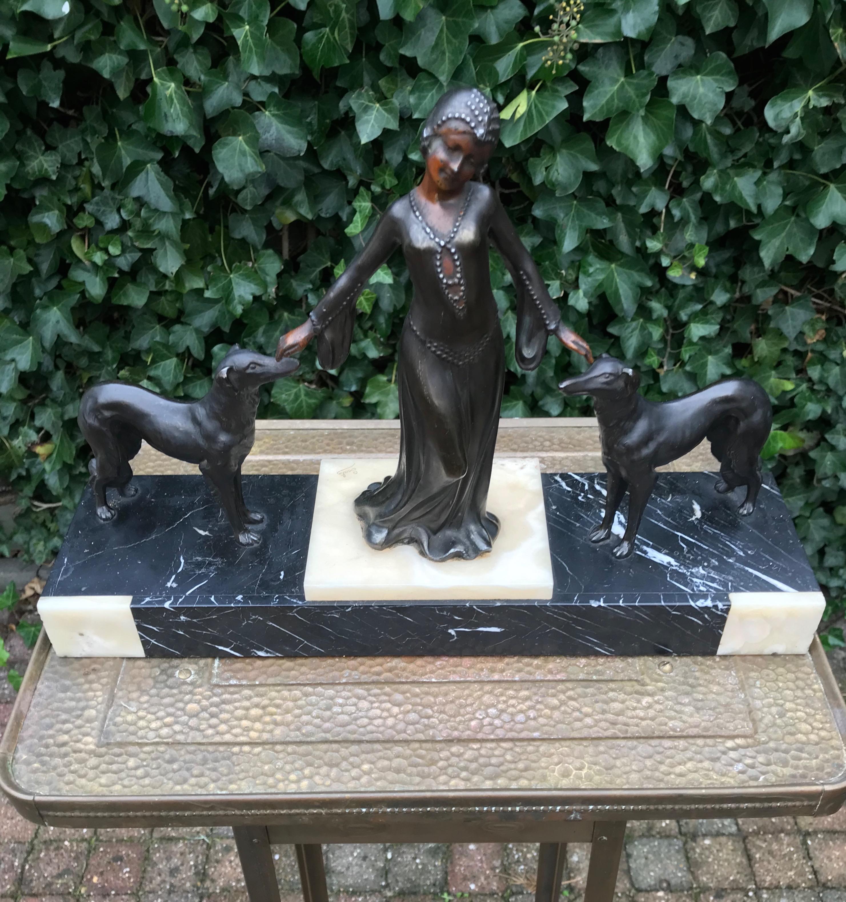 Stylish Art Deco Lady in Dress with Her Greyhounds Sculpture on a Marble Base For Sale 5