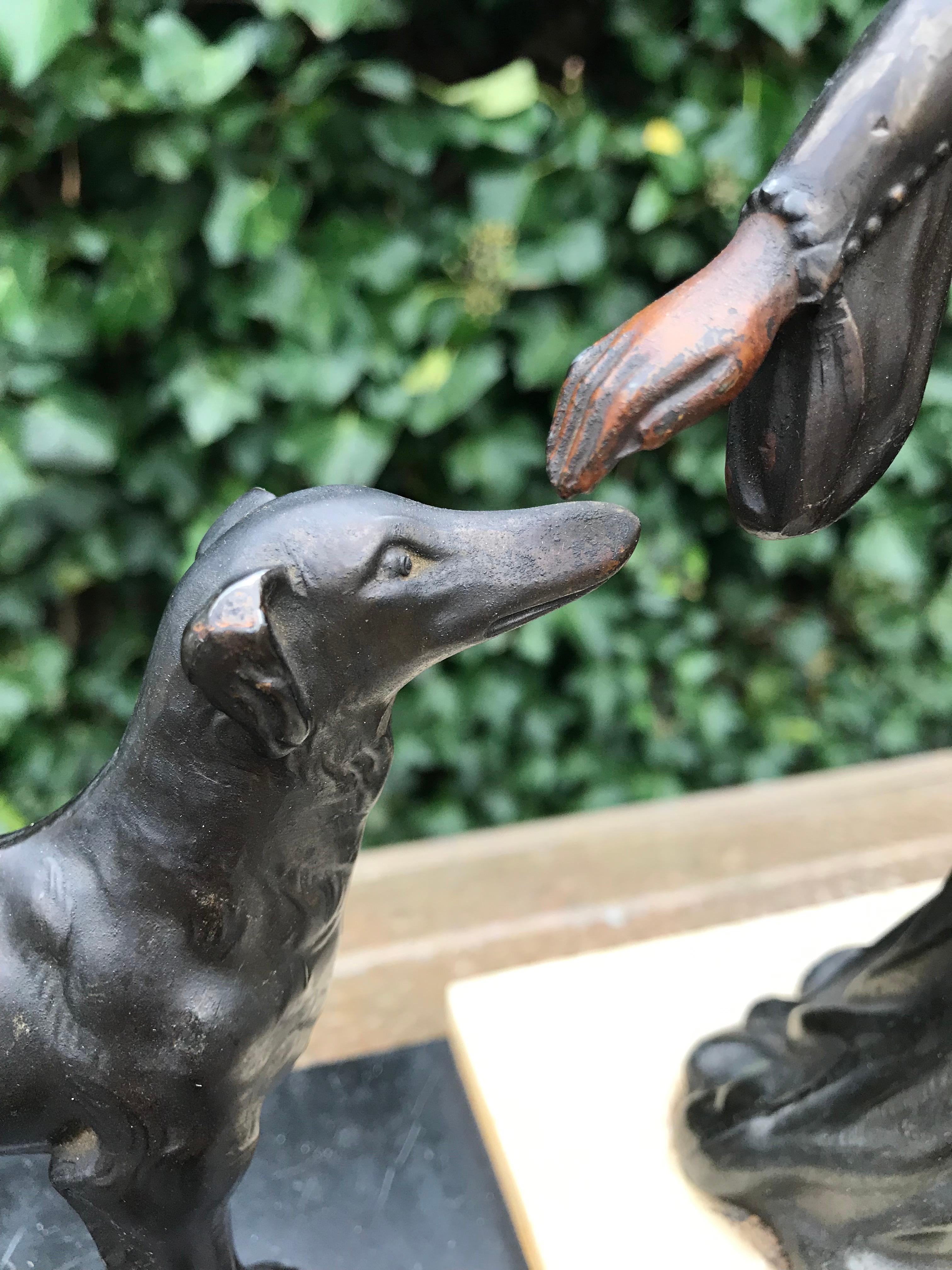 Stylish Art Deco Lady in Dress with Her Greyhounds Sculpture on a Marble Base For Sale 6