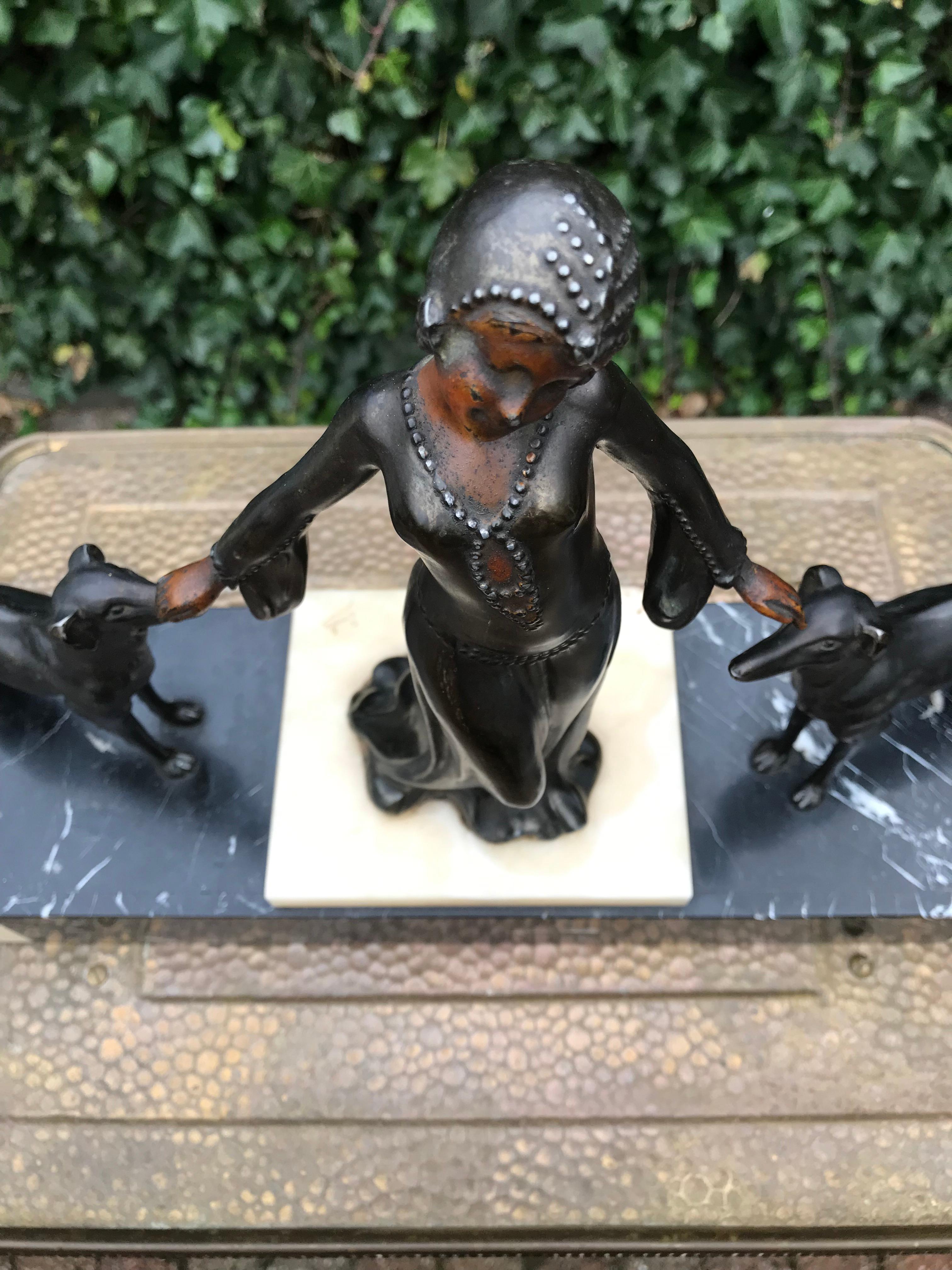 Stylish Art Deco Lady in Dress with Her Greyhounds Sculpture on a Marble Base For Sale 7