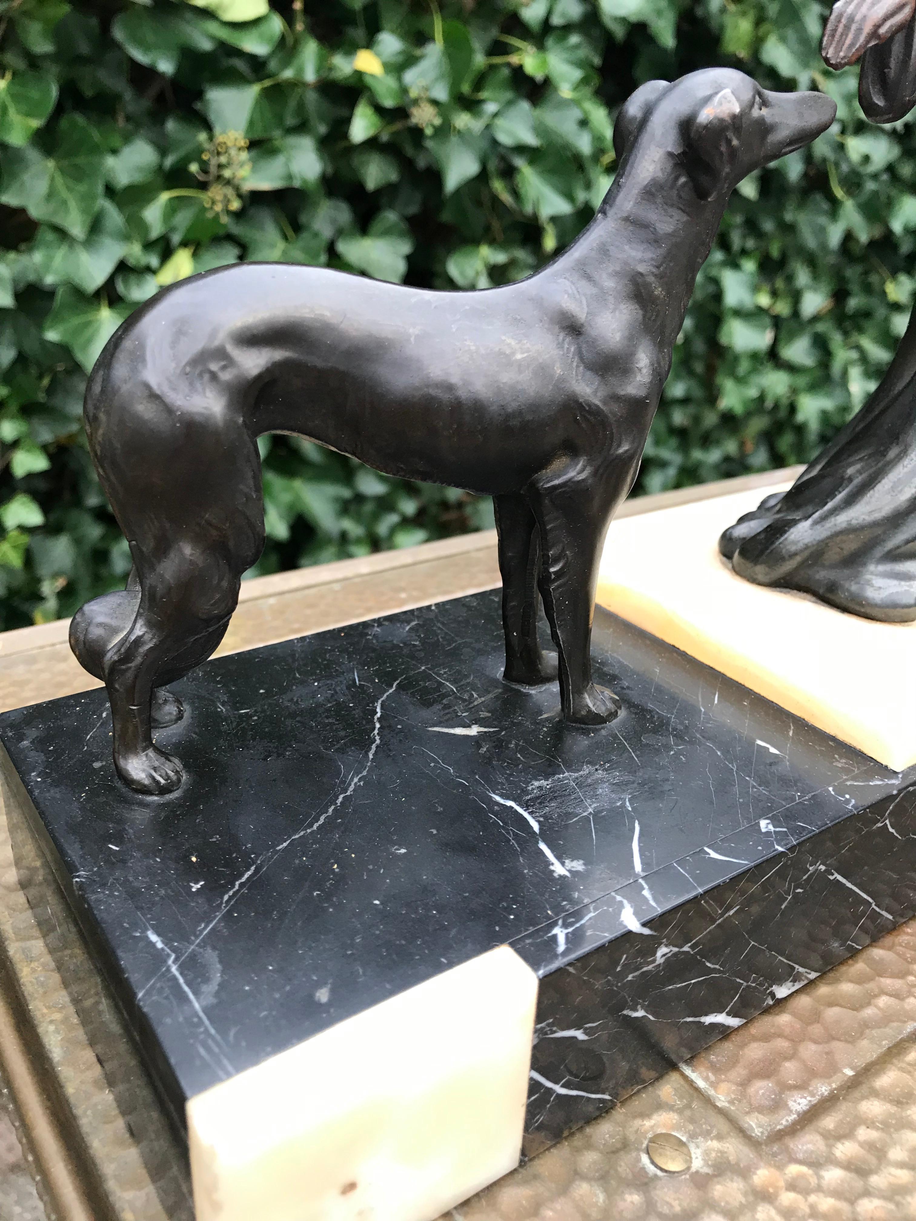 Stylish Art Deco Lady in Dress with Her Greyhounds Sculpture on a Marble Base For Sale 9