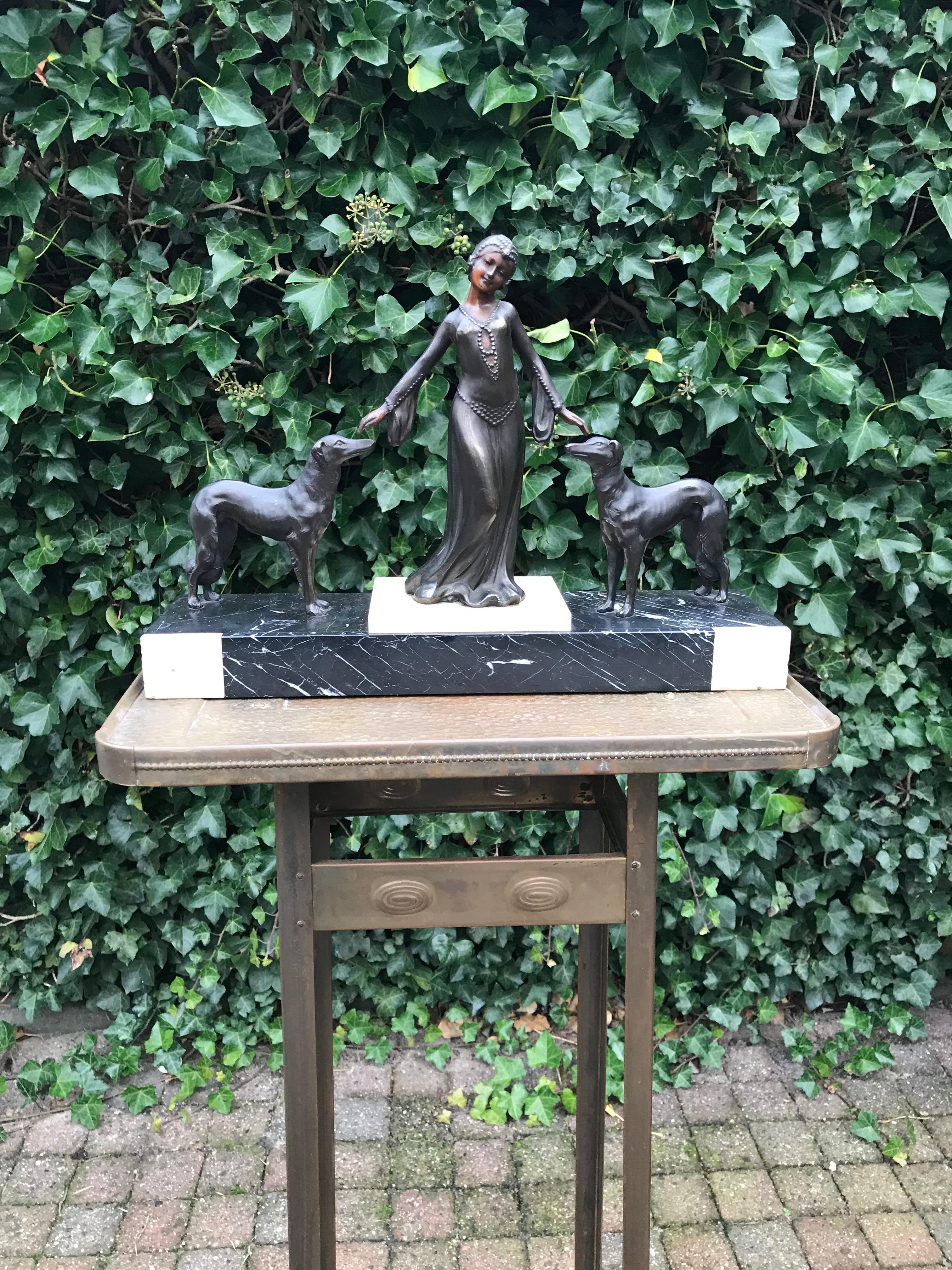 Stylish Art Deco Lady in Dress with Her Greyhounds Sculpture on a Marble Base For Sale 10