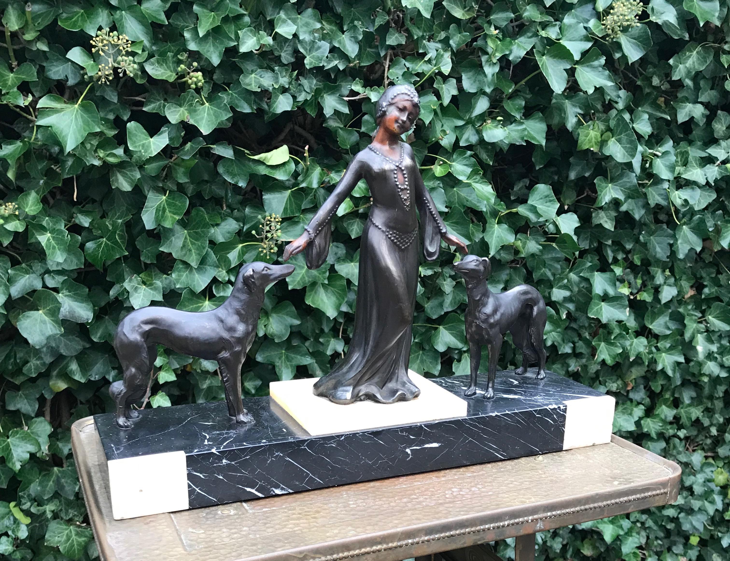 Stylish Art Deco Lady in Dress with Her Greyhounds Sculpture on a Marble Base For Sale 11