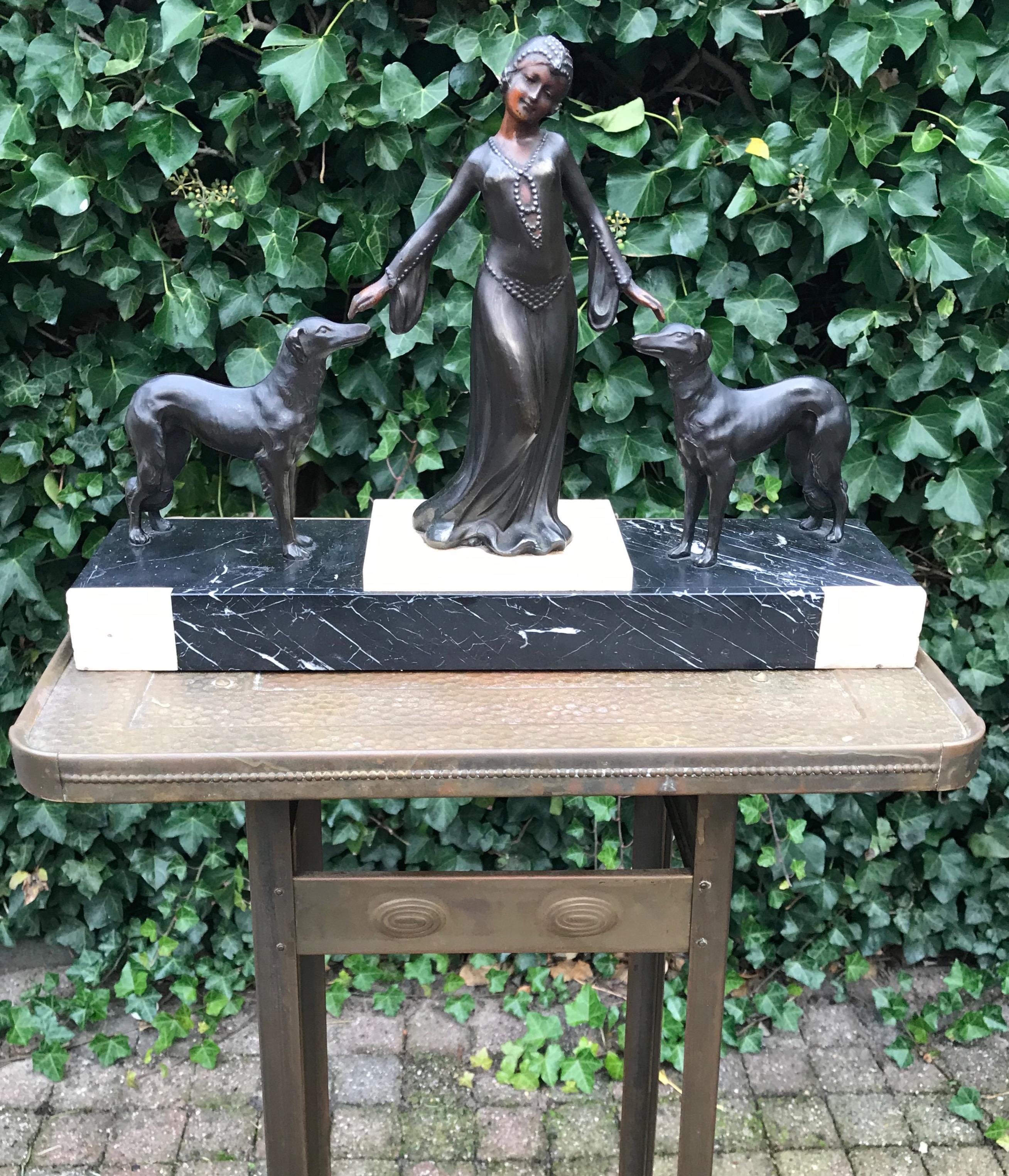 Stylish Art Deco Lady in Dress with Her Greyhounds Sculpture on a Marble Base For Sale 12