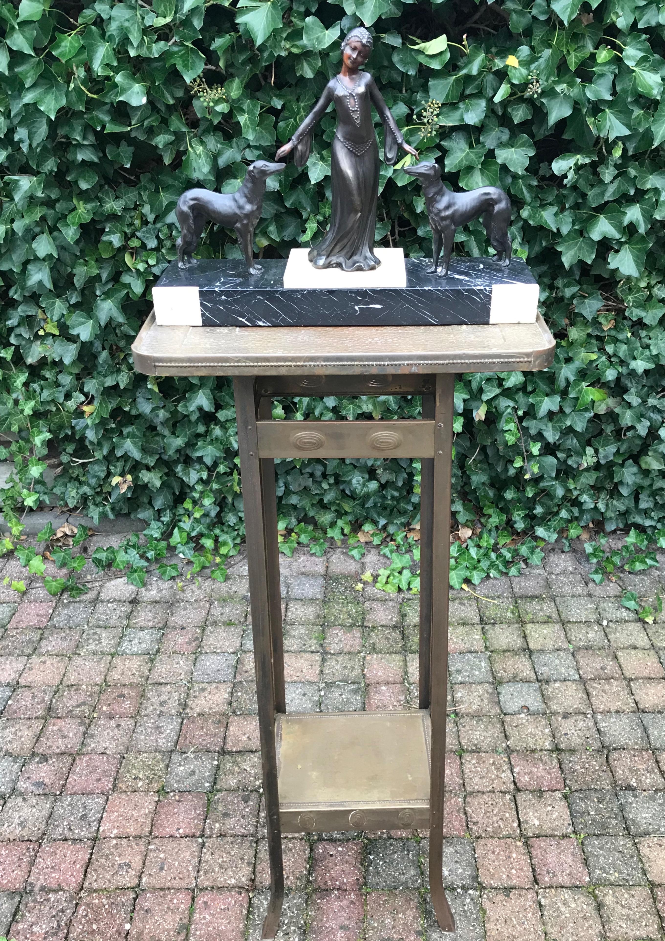 French Stylish Art Deco Lady in Dress with Her Greyhounds Sculpture on a Marble Base For Sale