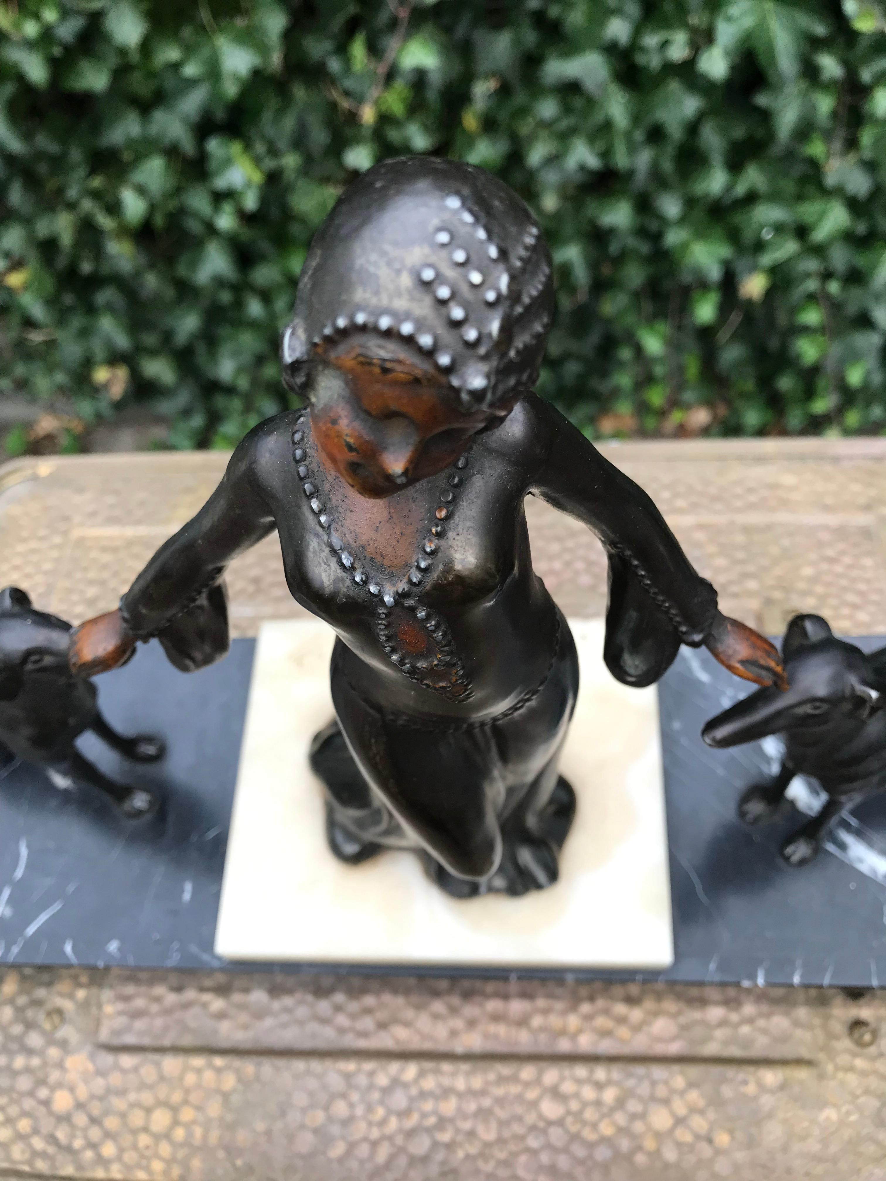 20th Century Stylish Art Deco Lady in Dress with Her Greyhounds Sculpture on a Marble Base For Sale