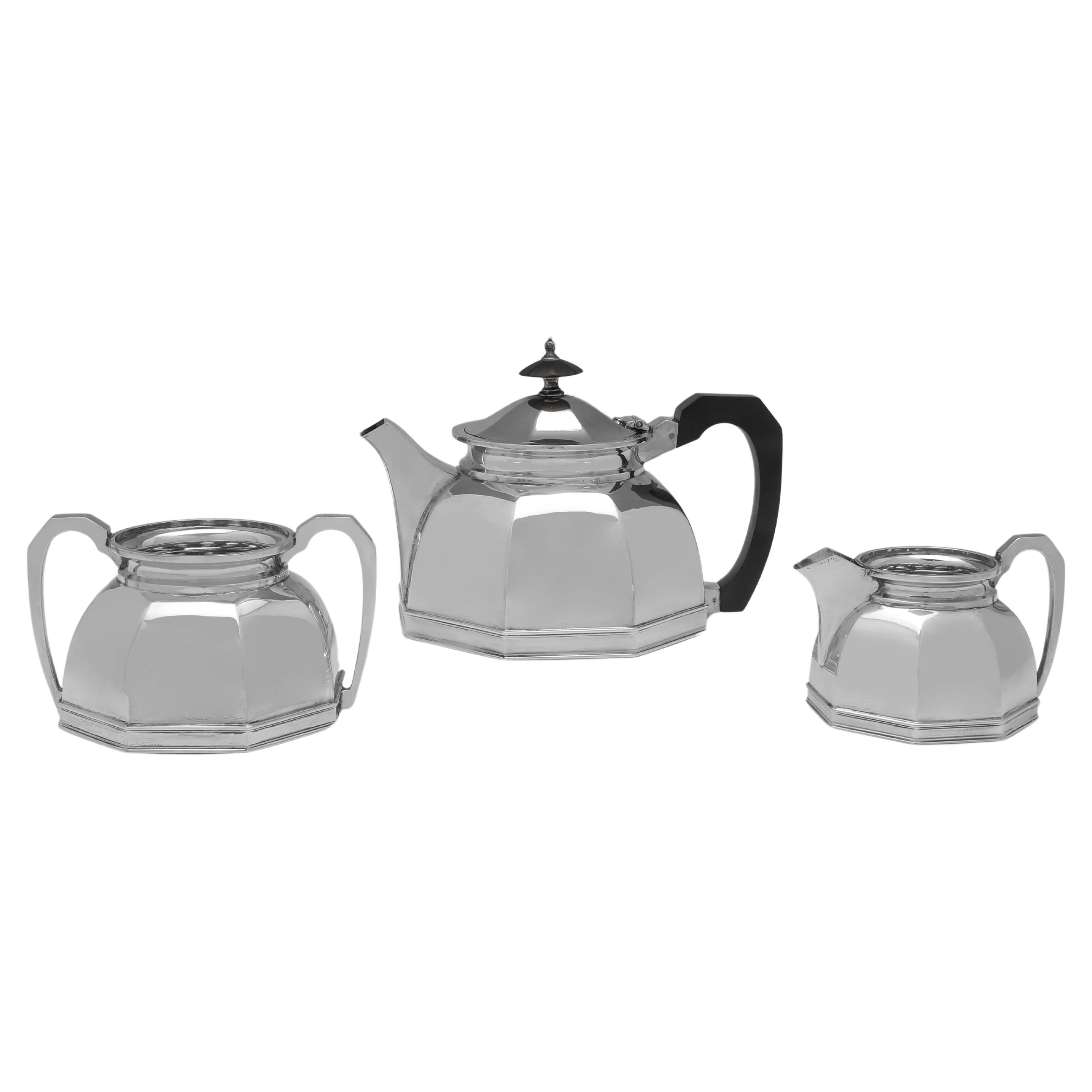 Stylish Art Deco period sterling silver tea set by Walker & Hall Sheffield 1939