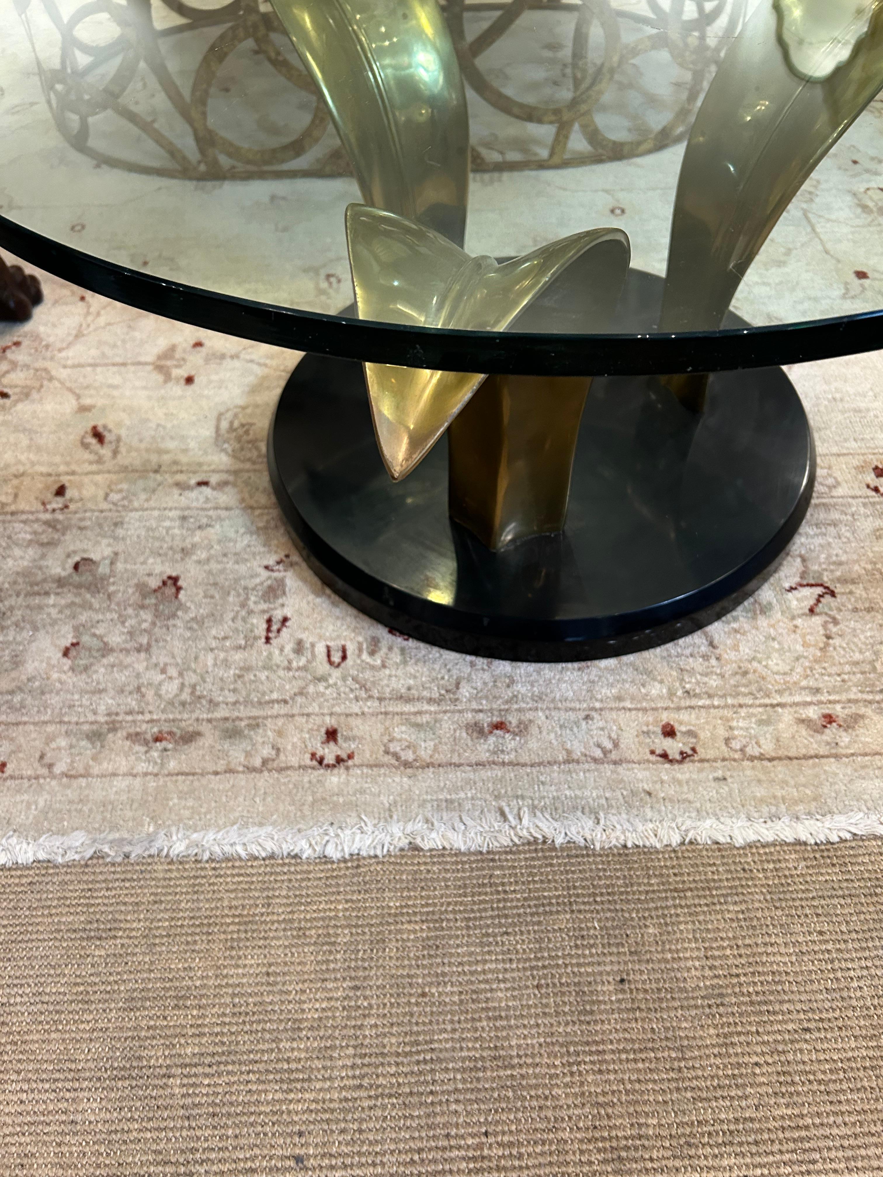 American Stylish Art Deco Round Glass Brass and Stone Palm MotifCoffee Table
