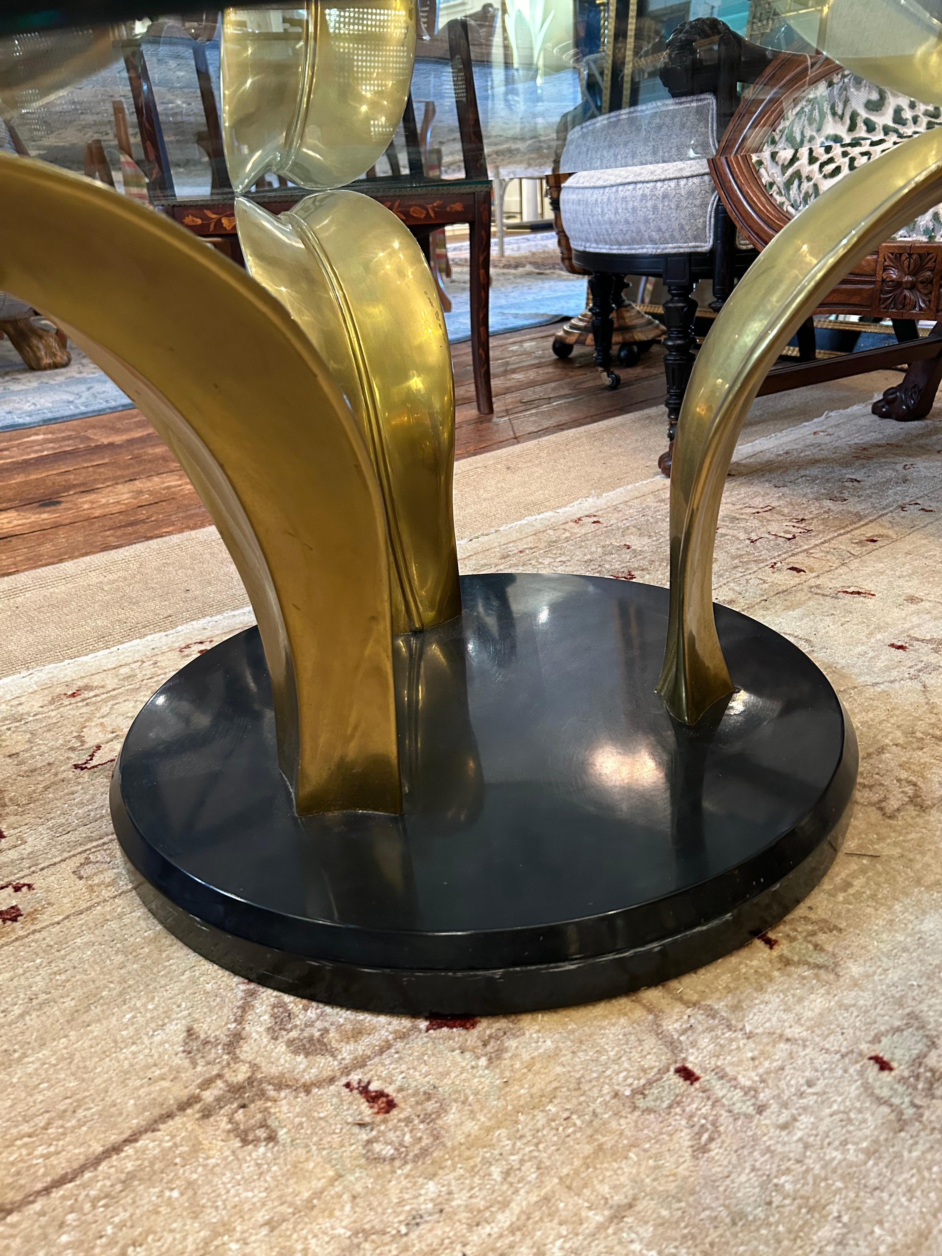 Late 20th Century Stylish Art Deco Round Glass Brass and Stone Palm MotifCoffee Table