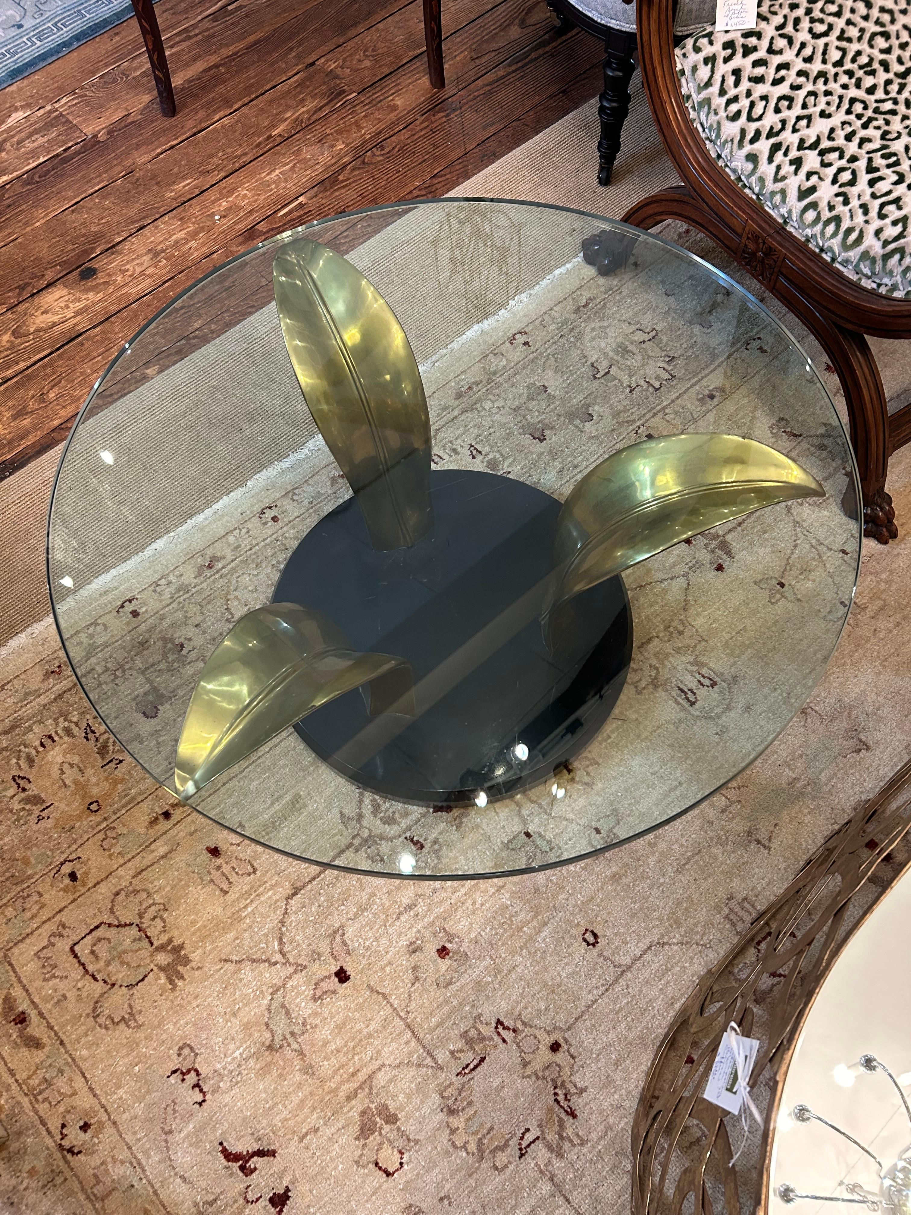 Stylish Art Deco Round Glass Brass and Stone Palm MotifCoffee Table 2